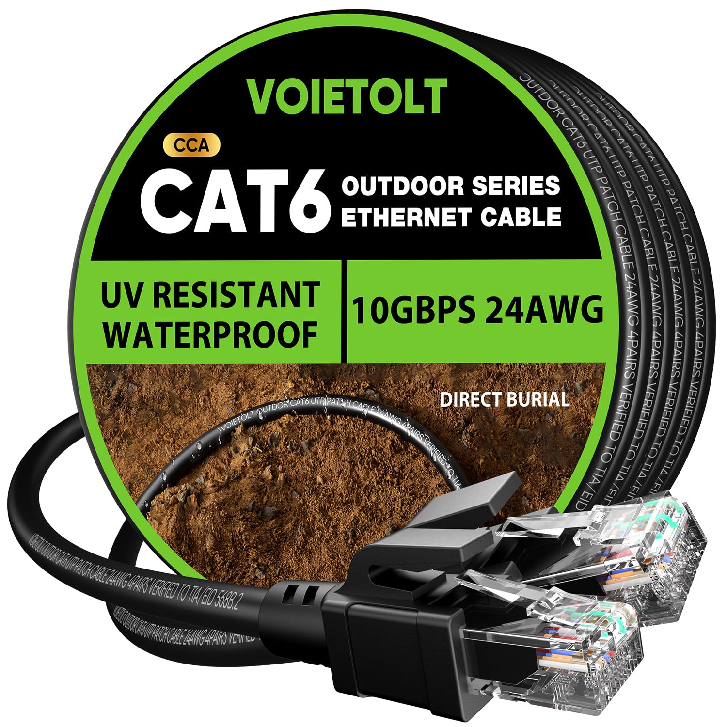VOIETOLT Outdoor Cat 6 Ethernet Cable 60m, Water Resistant Direct Burial LLDPE UV Jacket - 24AWG 10Gbps High Speed Gigabit Internet Network Cable - CCA, UTP with 40 Ties - Black