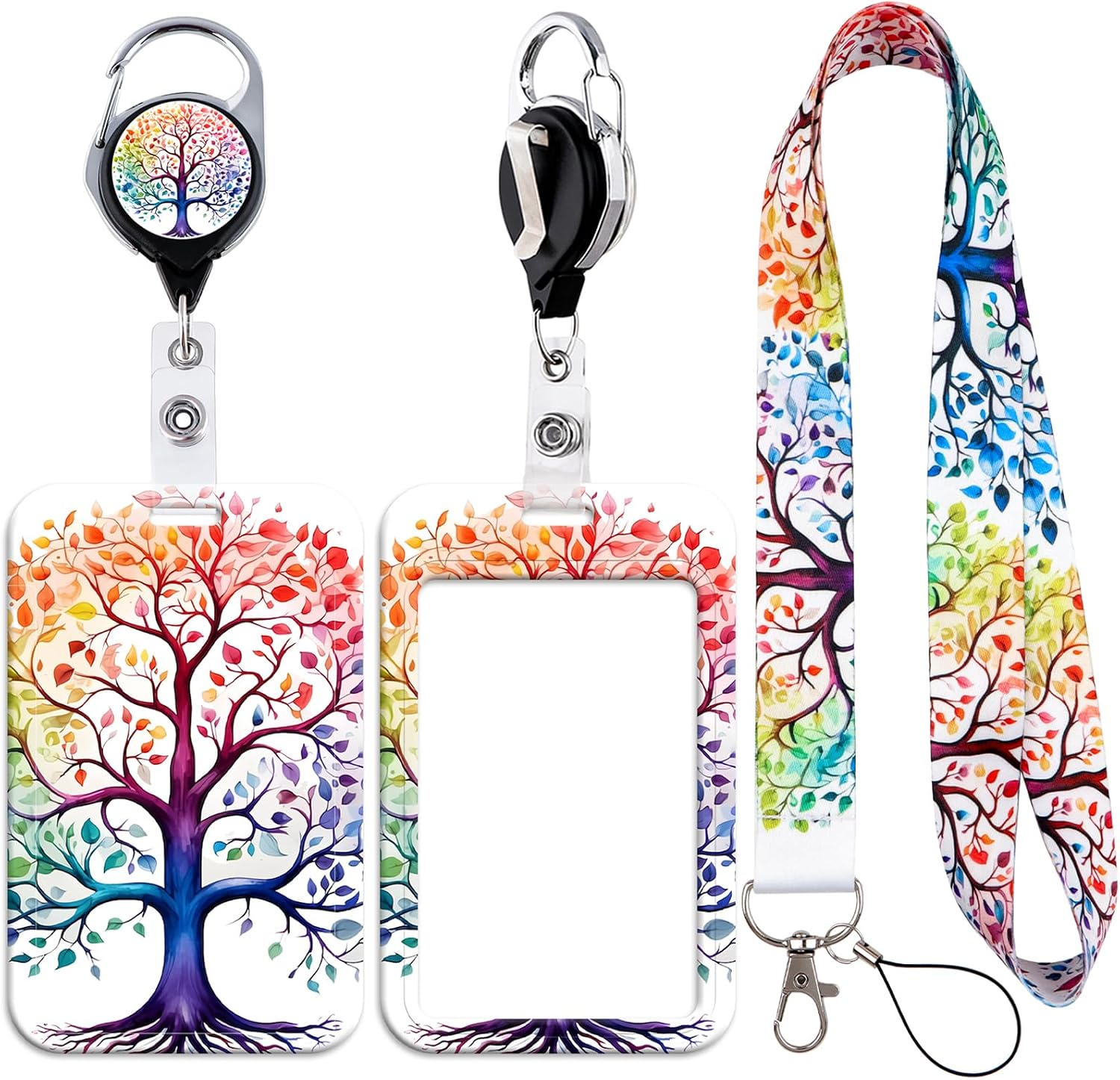 Lanyard Card Holder Set with Tree Life Design - Durable, Reusable Badge Holder with Neck Strap for ID Cards, Access Cards, Work Badges (3 in 1)