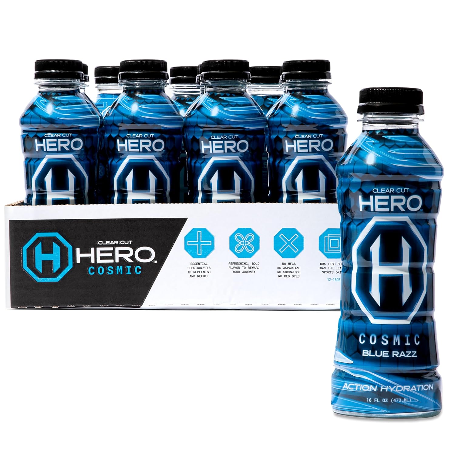 Clear Cut Hero (HeroAid) Sports Drink, Cosmic Blue Razz | Official Finisher Beverage of Spartan | 670mg of Essential Electrolytes, Natural Flavors & Ingredients, Low-Calorie | 16 Fl Oz (Pack of 12)