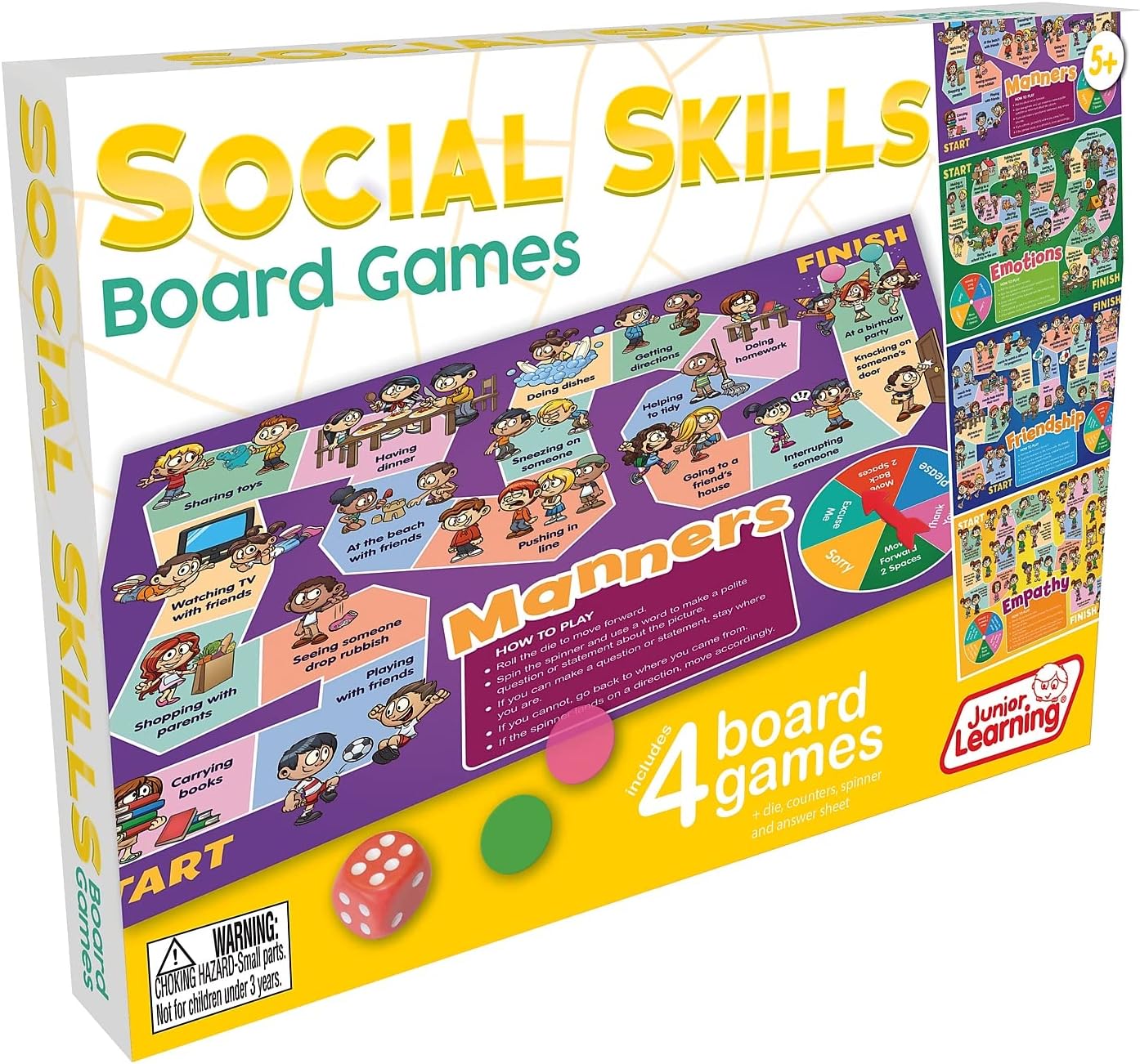 Junior Learning Social Skills Board Games, 4 Games, Ages 5-8, Empathy & Manners, Grade 1-2