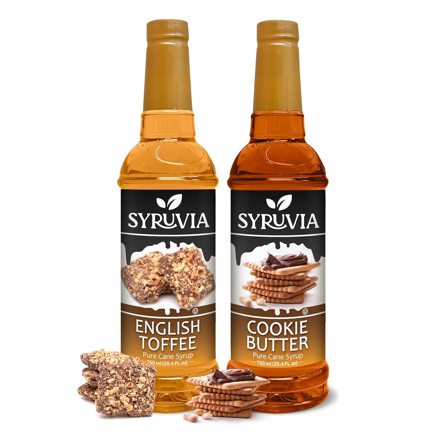 Syruvia Cookie Butter Coffee Syrup & English Toffee Coffee Syrup Kosher, and Gluten-Free. Perfect for enhancing drinks, sodas, shakes, desserts, and more.