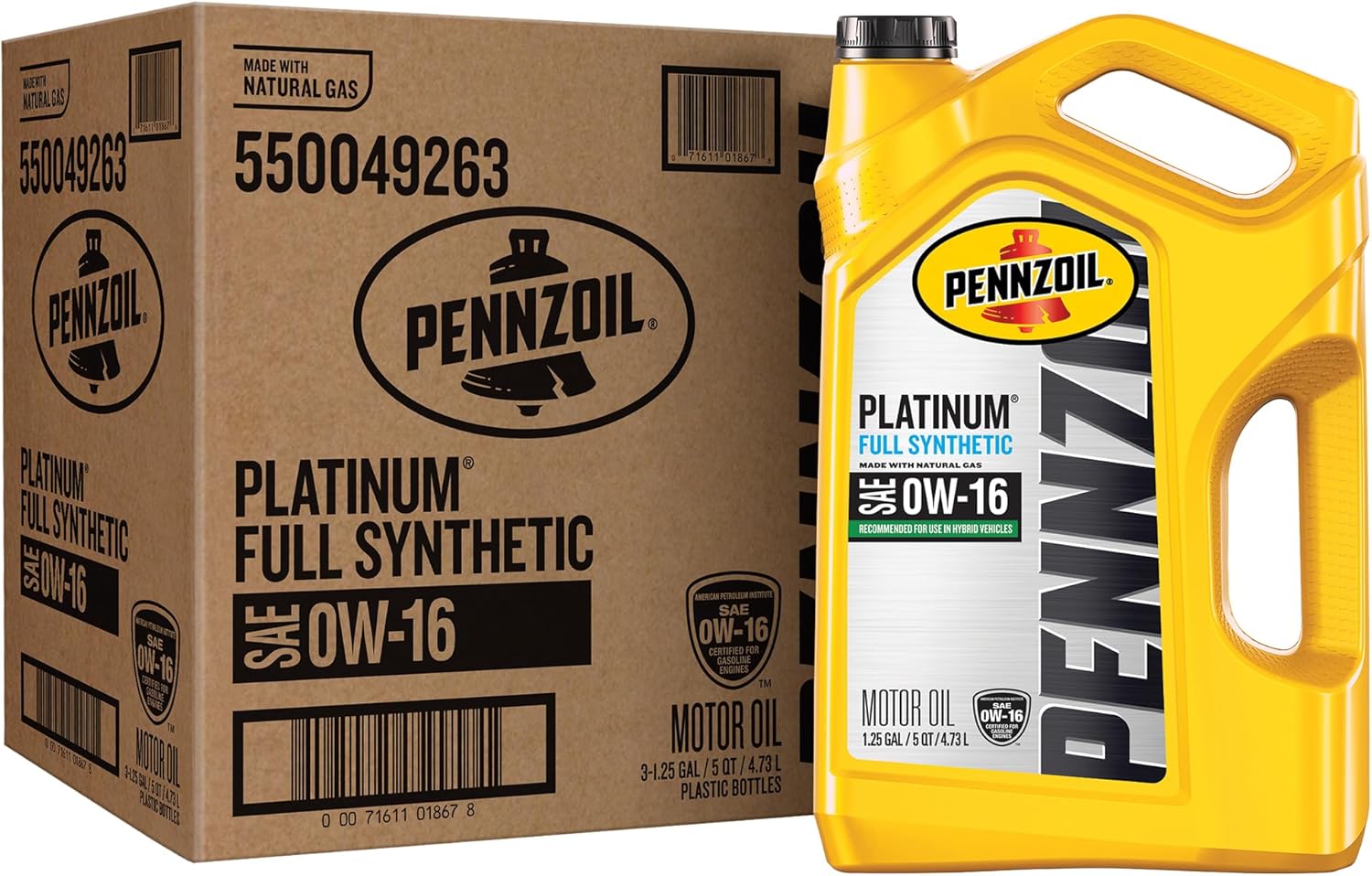 Pennzoil 550049263-3PK Platinum Full Synthetic 0W-16 Motor Oil (5-Quart, Case of 3)