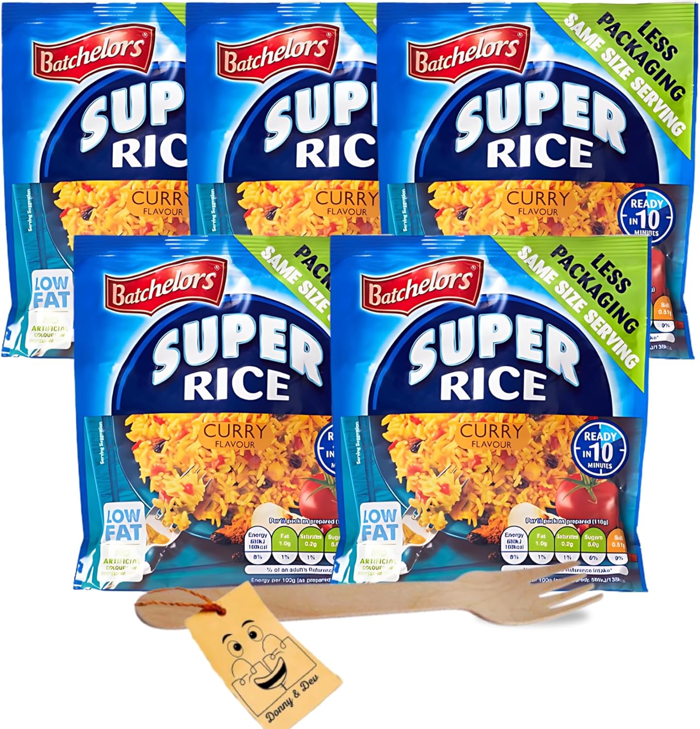 Easy to Cook Meal Which Includes: 5x Batchelors Savoury Instant Rice Curry Flavour (90g each) Bundled With 1 x Wooden Fork (Disposable) by Donny & Dev