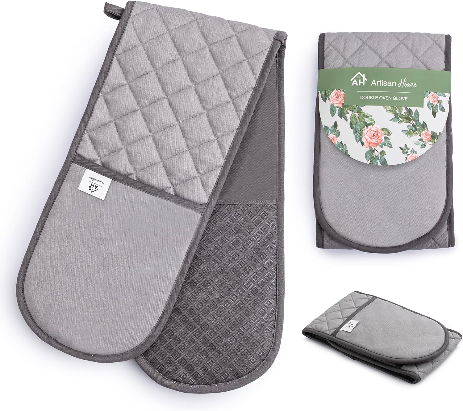 Grey Double Oven Gloves | Maximum Heat Resistant Protection | Double Oven Mitt Potholders With Silicone Non-slip Design | Machine Washable Thick Oven Glove Potholders Home & Kitchen