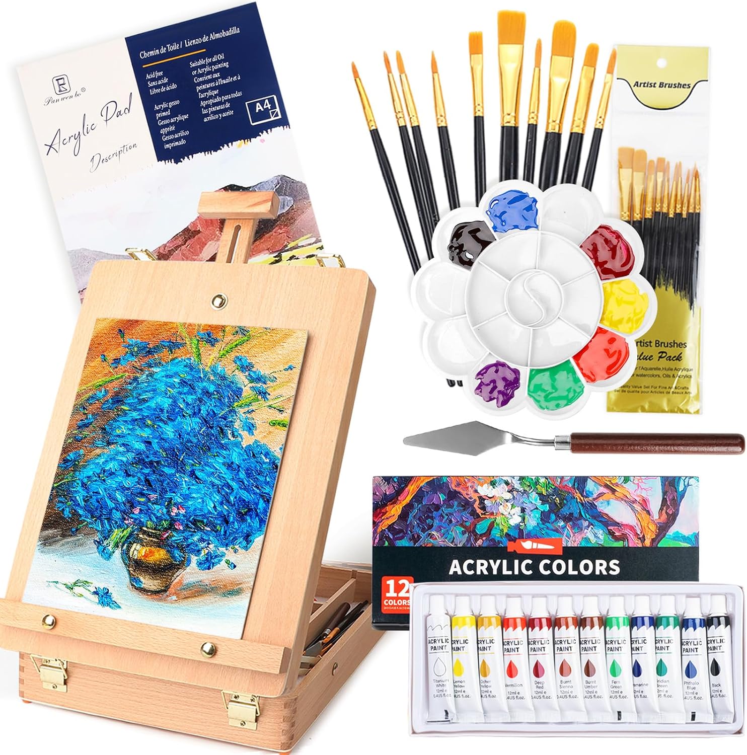 WOWOSS Tabletop Art Easel Box Set, 26 PCS Painting Kit for Adult Artists & Beginners, Easel Stand with 12 Acrylic Paints, 12 Sheets Acrylic Pad, Brushes, for Indoor & Outdoor Use, Painting & Sketching