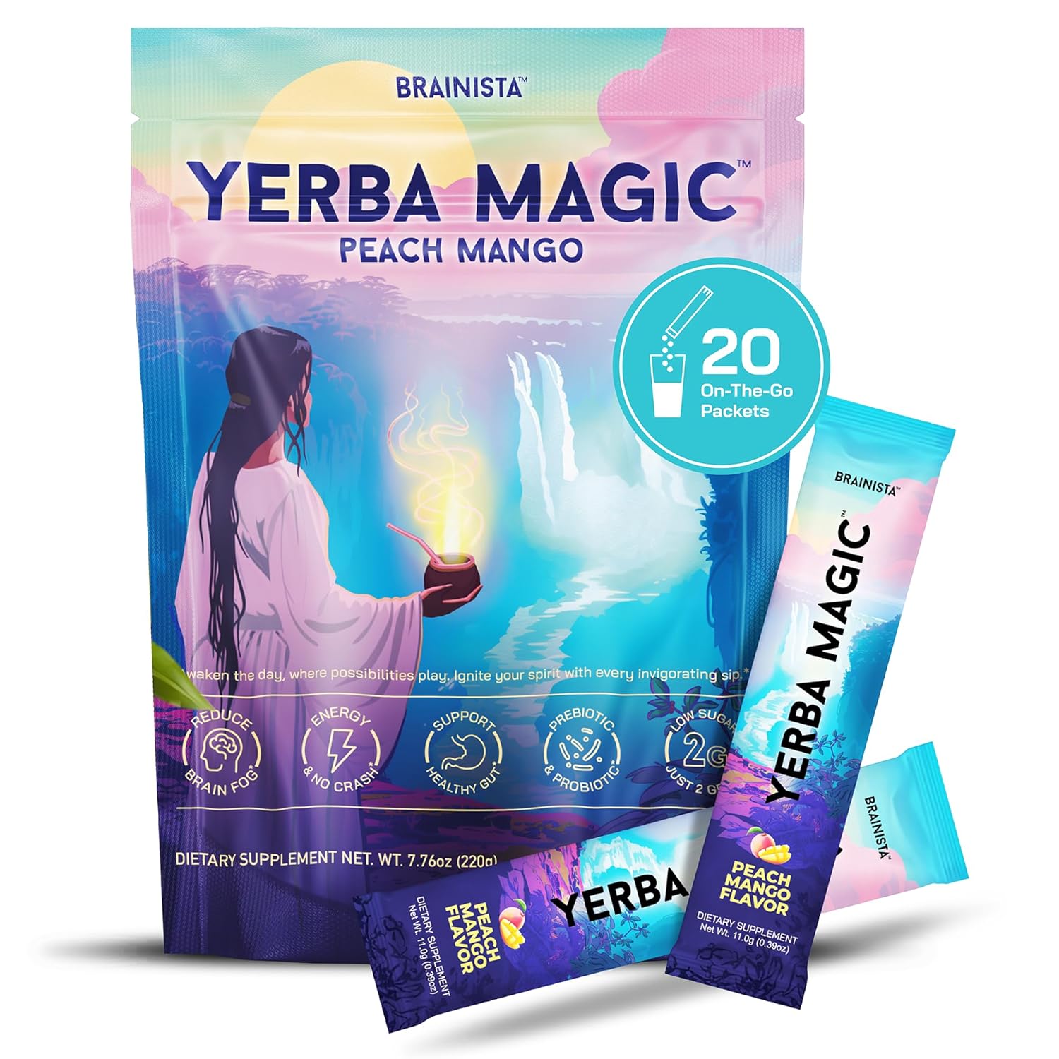 Brainista Yerba Magic Sticks Peach Mango - Yerba Mate Powder Single Serve Sticks - Instant Tea Powder On The Go - Nootropics, Prebiotics, Probiotics for Energy, Focus & Gut Health - Low Sugar, Natural Caffeine - 20 Servings