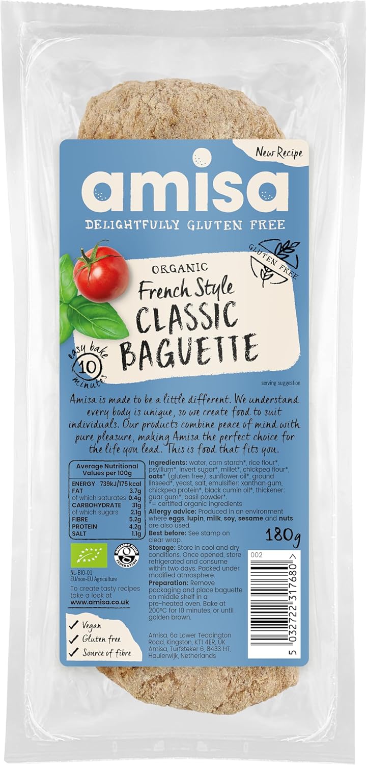 Amisa Organic Gluten-Free French Style Classic Baguette,180g - High in Fibre & Vegan-Friendly