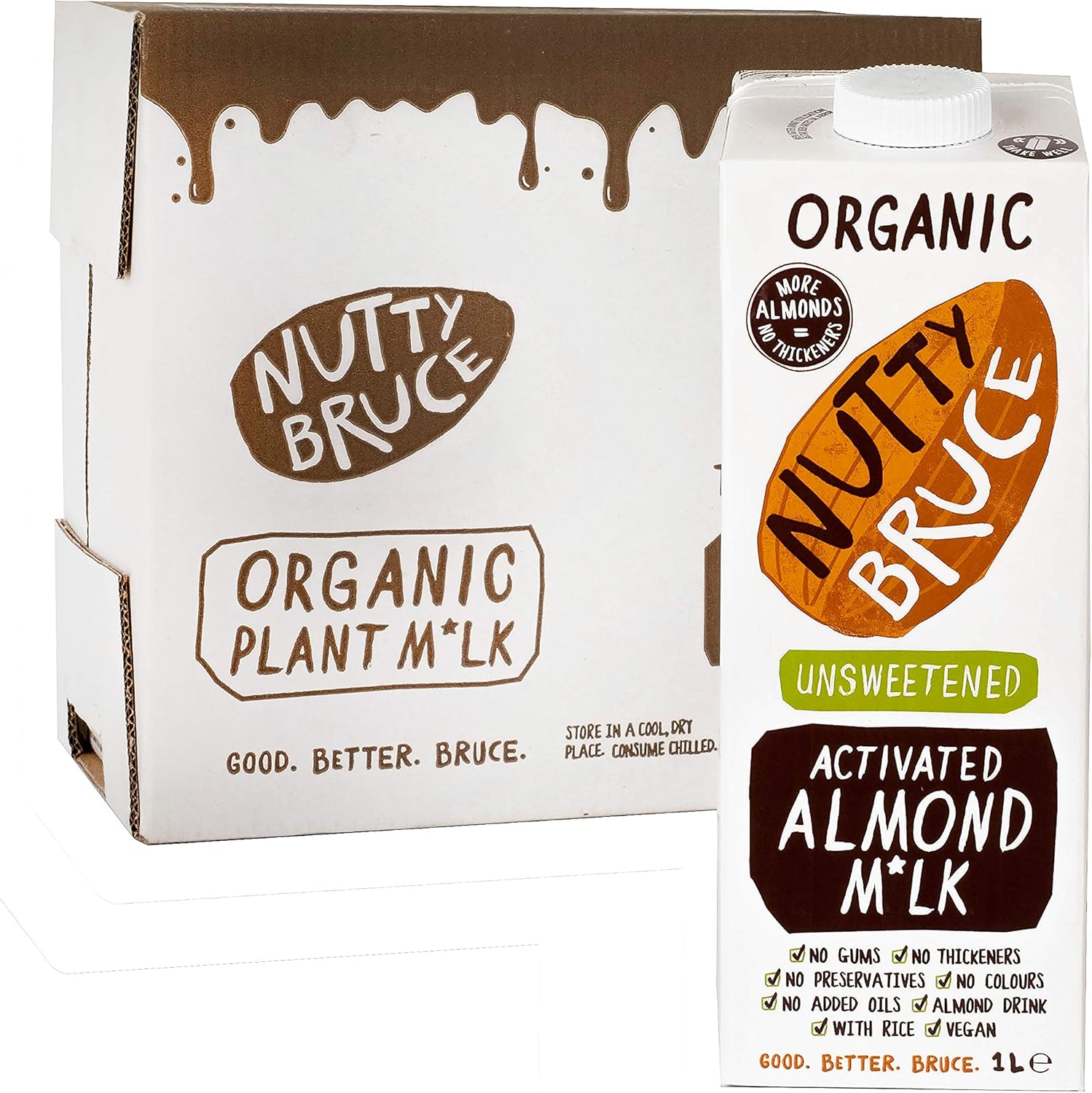 Nutty Bruce - Unsweetened Activated Almond Milk - Certified Organic & Vegan Alternative Milk, No Preservatives, Colours or Added Oils, Lactose Free, Dairy Free, Soy Free - 6 pack x 1L