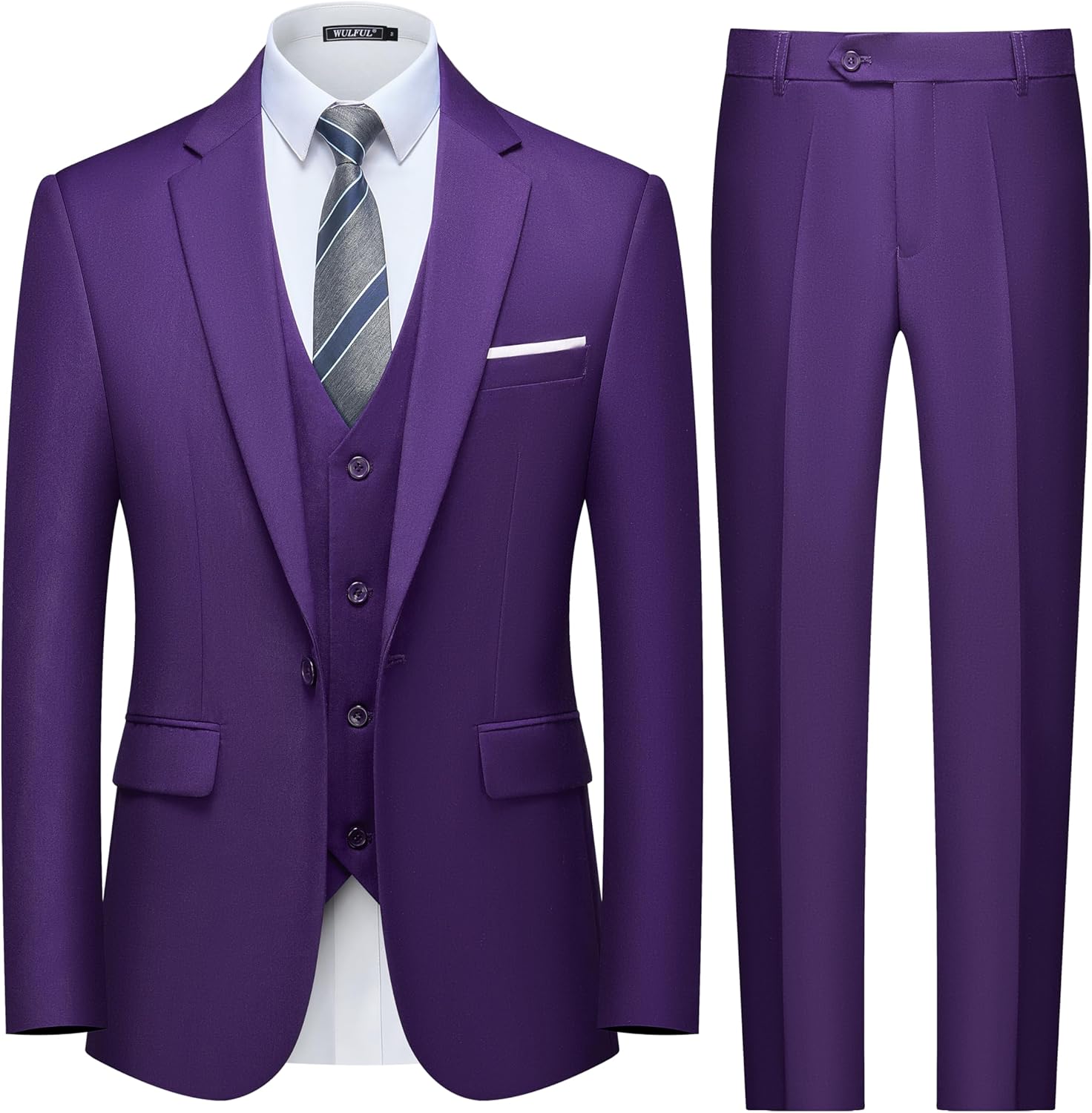 WULFUL Men's Slim Fit 3 Piece Suit, One Button Solid Blazer Business Party Jacket Vest Pants Set
