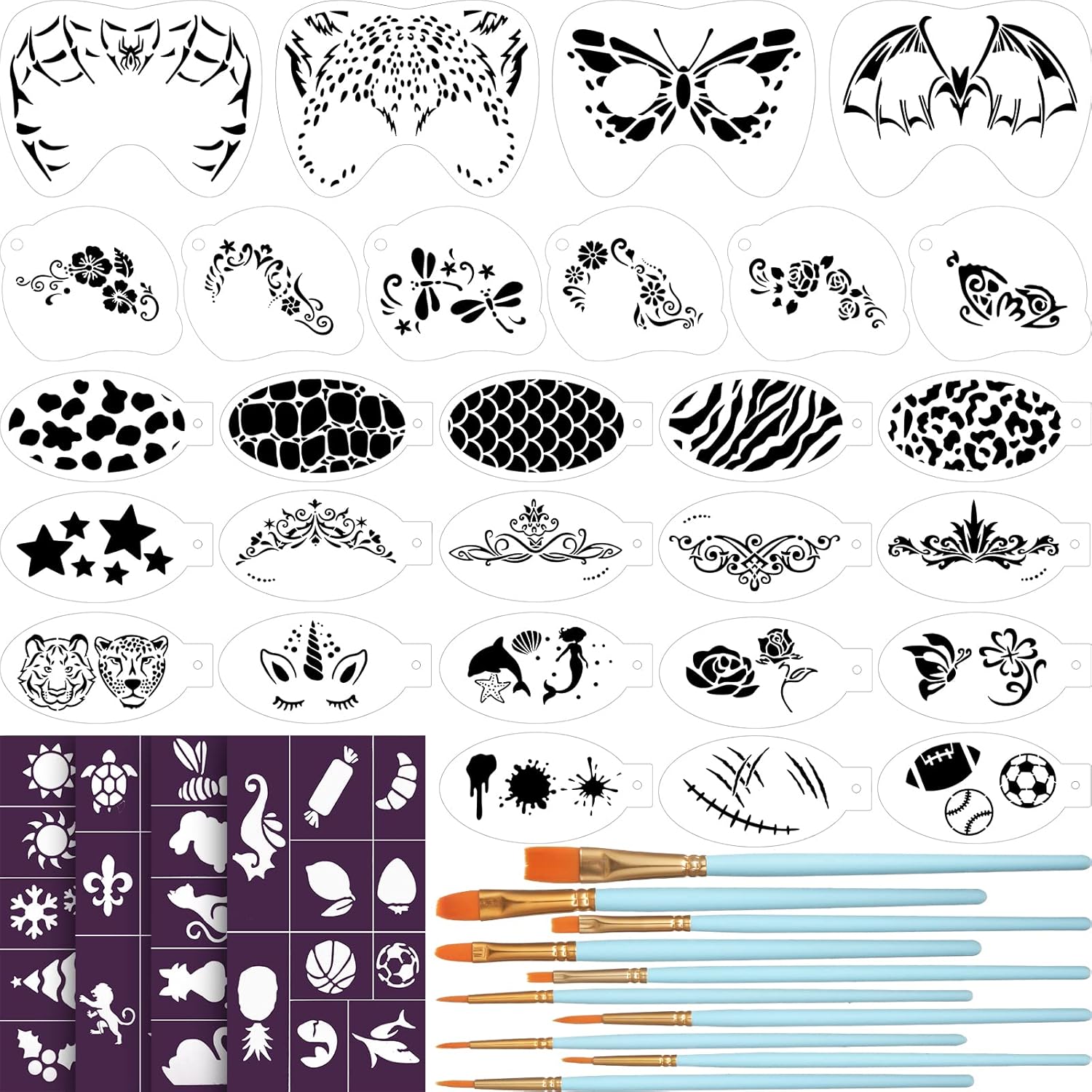 42 Pcs Face Paint Stencils Kits Includes 28 Reusable Facial Painting Stencils with 4 Stickers 10 Painting Brushes Plastic Tattoo Painting Templates for Kids Halloween Party Makeup (Fresh Style)