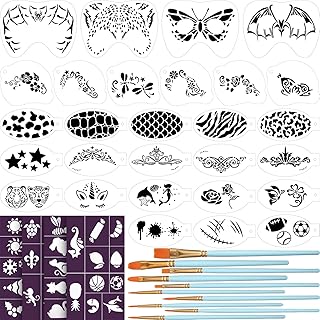 42 Pcs Face Paint Stencils Kits Includes 28 Reusable Facial Painting Stencils with 4 Stickers 10 Painting Brushes Plastic Tattoo Painting Templates for Kids Halloween Party Makeup (Fresh Style)