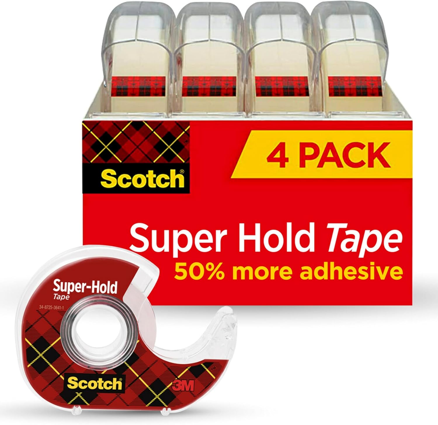 Scotch Super Hold, Transparent, Clear Glossy Finish, 4 Tape Rolls with Dispenser, Tape Rolls for Home Office and School, 3/4 in. x 650 in.