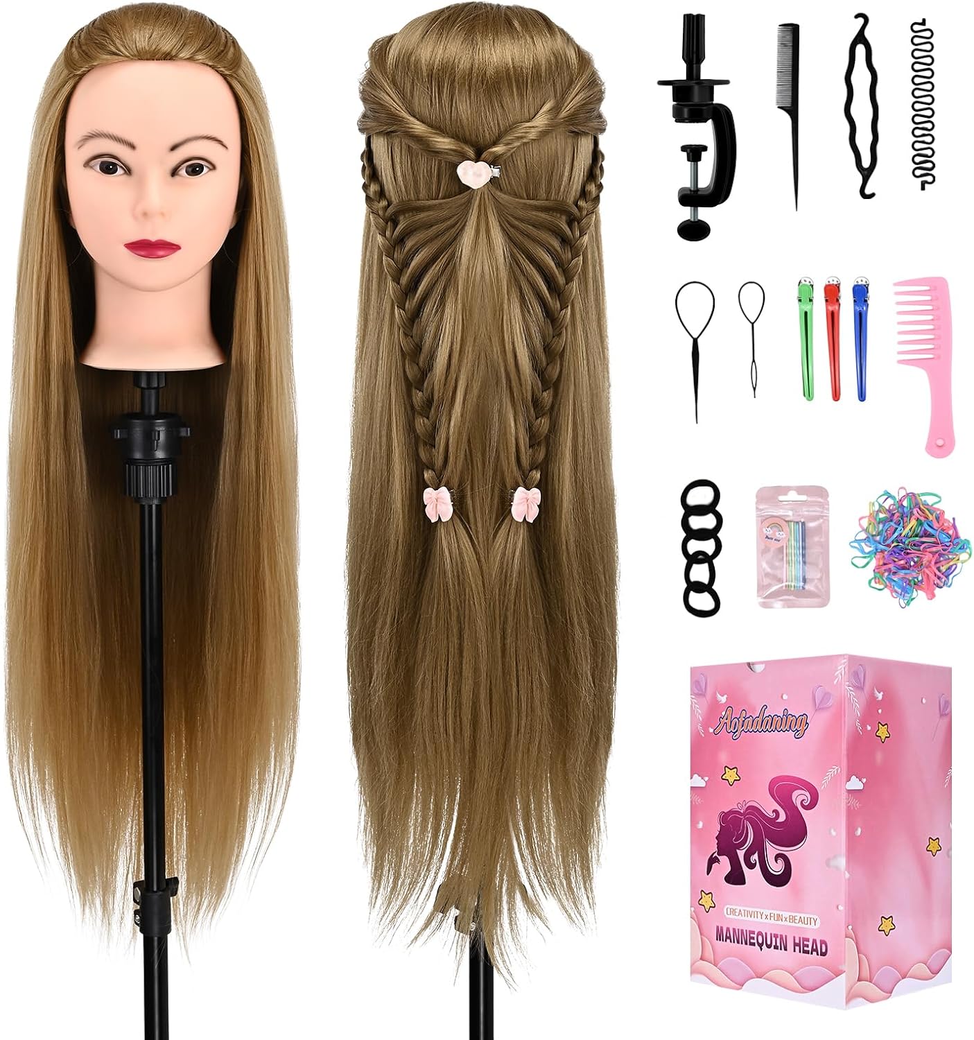 28" Mannequin Head With Hair Cosmetology Manikin Practice Braiding Hair Doll Head For Hair Styling Hairdressing Head For Braiding With Free Wig Head Stand Hair Styling Tools Set (Golden)