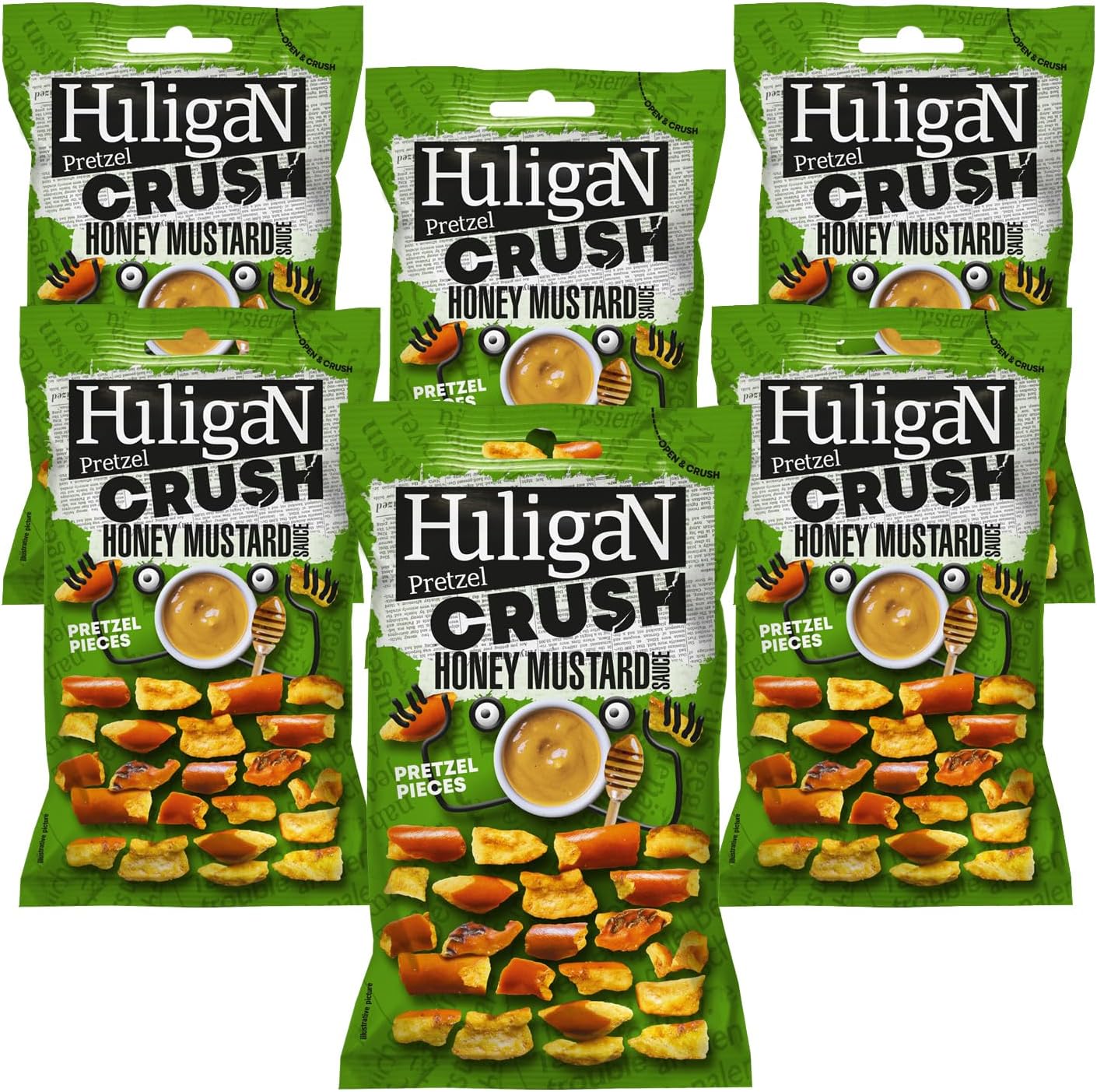 Huligan Honey-Mustard Pretzels 65G x Pack of 6 - Baked Pretzel Thins Savoury Snacks Bulk Healthy Vegetarian Snack Box Crisps Multipack