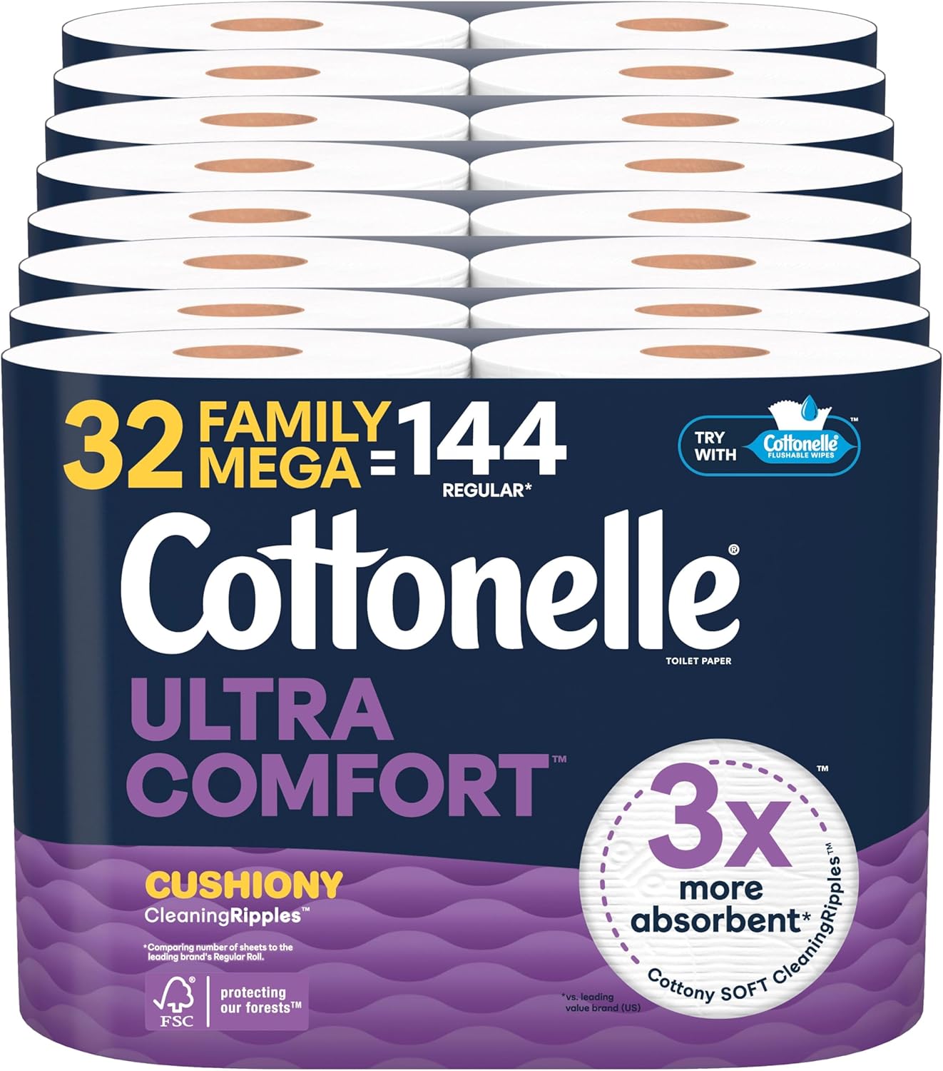 Cottonelle Ultra Comfort Toilet Paper with Cushiony CleaningRipples Texture, 32 Family Mega Rolls = 144 Regular Rolls (8 Packs of 4)