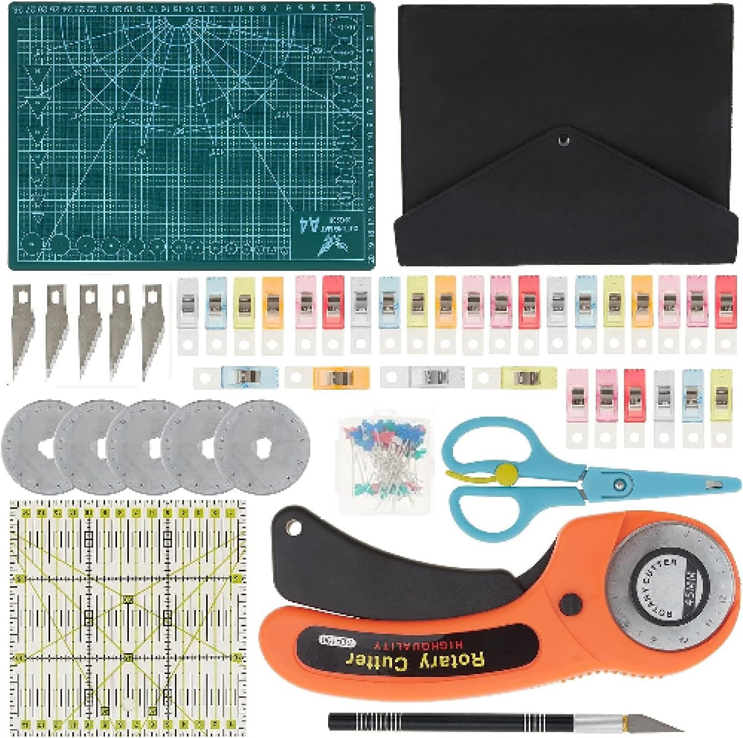 TourKing Rotary Cutter Set 96PCS Quilting Kit with 45mm Fabric Cutters, A4 Cutting Mat, Acrylic Ruler, Craft Clips & Storage Bag for Sewing, Patchworking