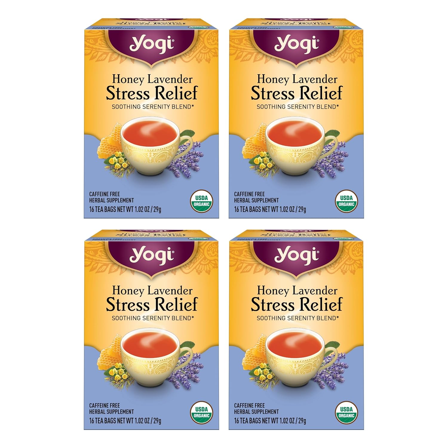 Yogi Tea Honey Lavender Stress Relief - 16 Bags per Pack (4 Packs) - Organic Chamomile Lavender Tea - Includes Lemon Balm, Lemongrass, Spearmint Leaf, Peppermint Leaf, Honey Flavor & More