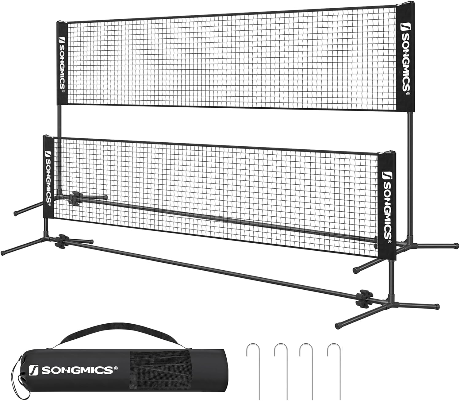 SONGMICS Badminton Net, Height Adjustable Volleyball Net, Pickleball Net for Junior Tennis, Kids, Indoor Outdoor Court, Foldable Nylon Net with Poles 10ft/13ft/16.5ft Wide