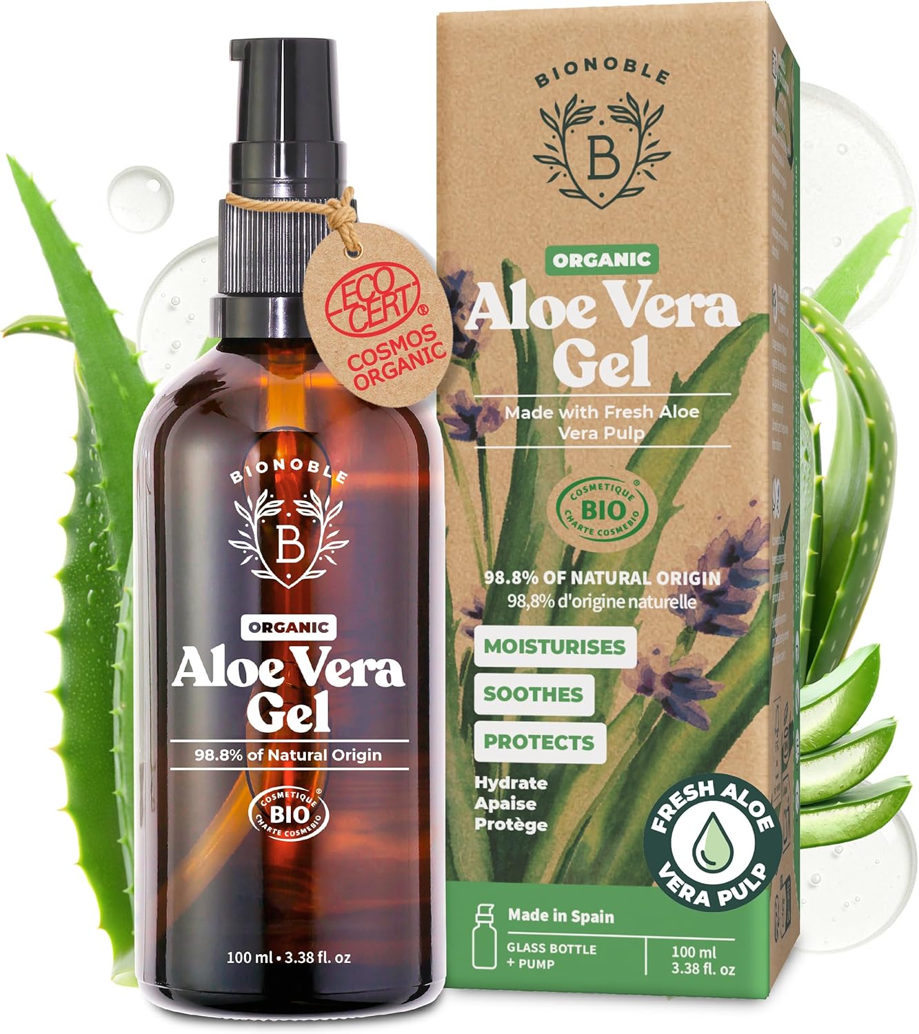 BIONOBLE Organic Aloe Vera Gel 97% with Lavender Essential Oil - Moisturiser Face, Hair, After Sun - Aloe Vera Gel 100 Pure from Fresh Leaves - Fast Absorbing, Non Sticky - Glass Bottle, Pump - 100ml