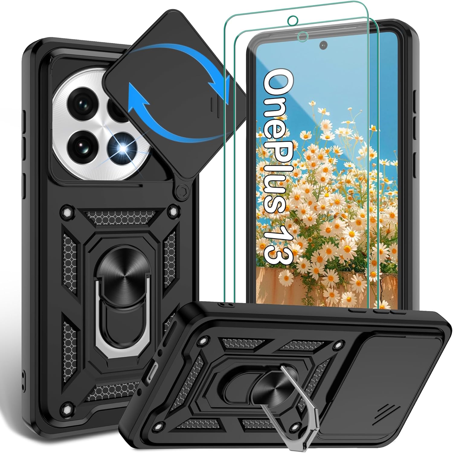 Jshru for OnePlus 13 Case with Screen Protector | Camera Protection Cover | Military Grade Shockproof Cover | Ring Kickstand Case for Oneplus 13 5G,Black