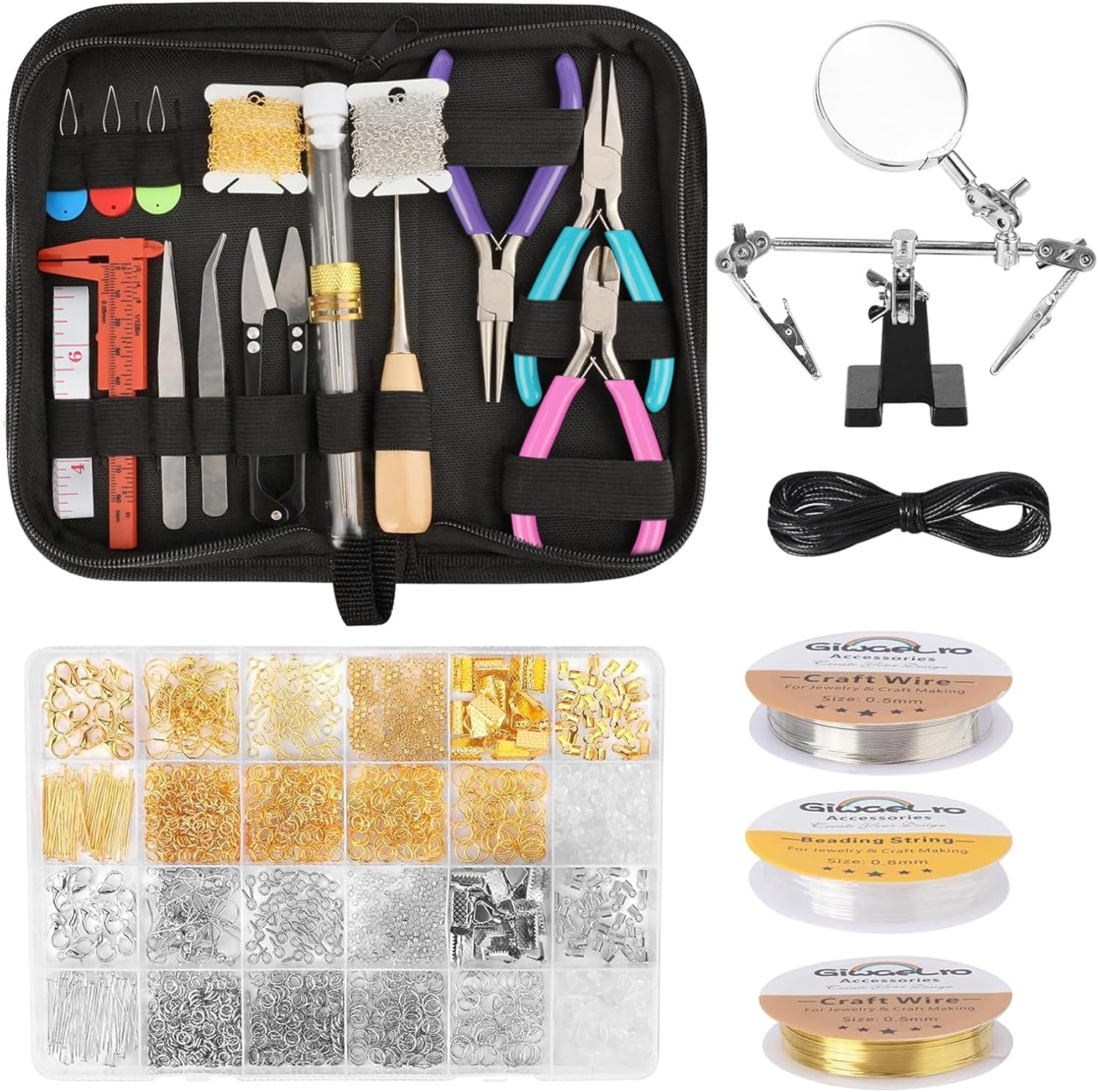 Giwaelro Jewelry Repair Kit for Adults, Jewelry Making Supplies with Pliers, Wires, Findings, Necklace Chains, Magnifier and Storage Bag
