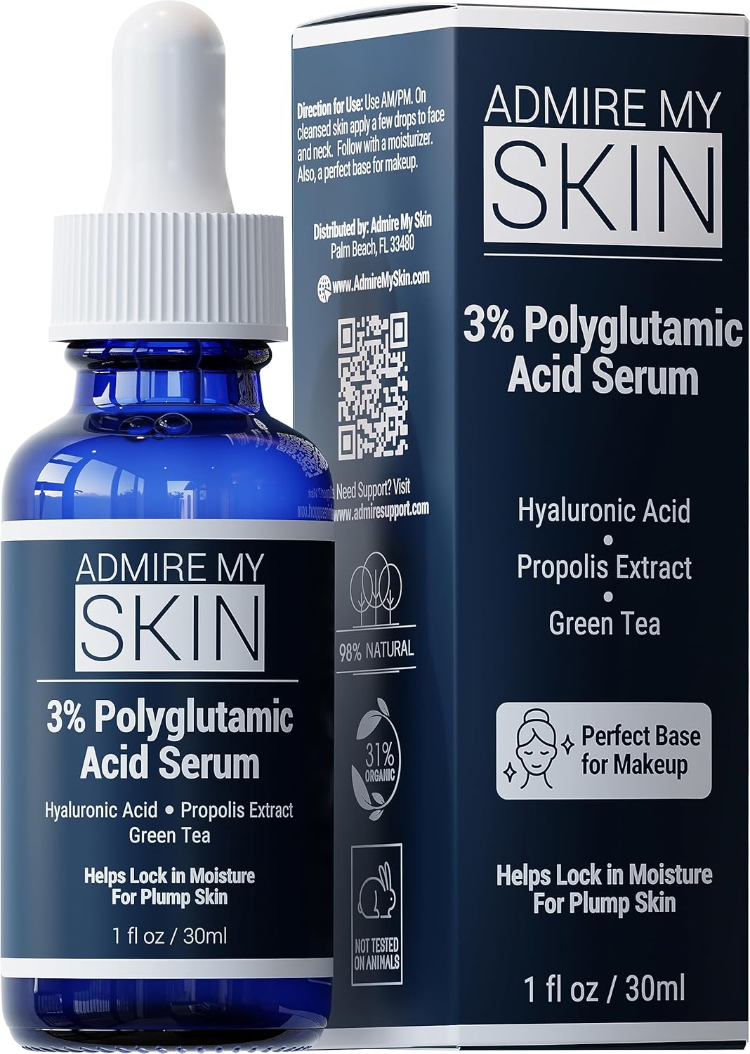 Admire My Skin Organic Polyglutamic Acid Facial Serum - Powerful Hydration & Anti Aging + Hyaluronic Acid + Propolis 1oz