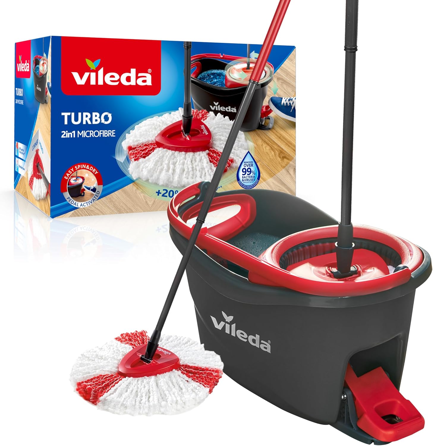 Vileda Turbo Microfibre Mop and Bucket Set, Spin Mop for Cleaning Floors, Set of 1x Mop and 1x Bucket,Grey/Red,48.5 x 27.5 x 28 cm