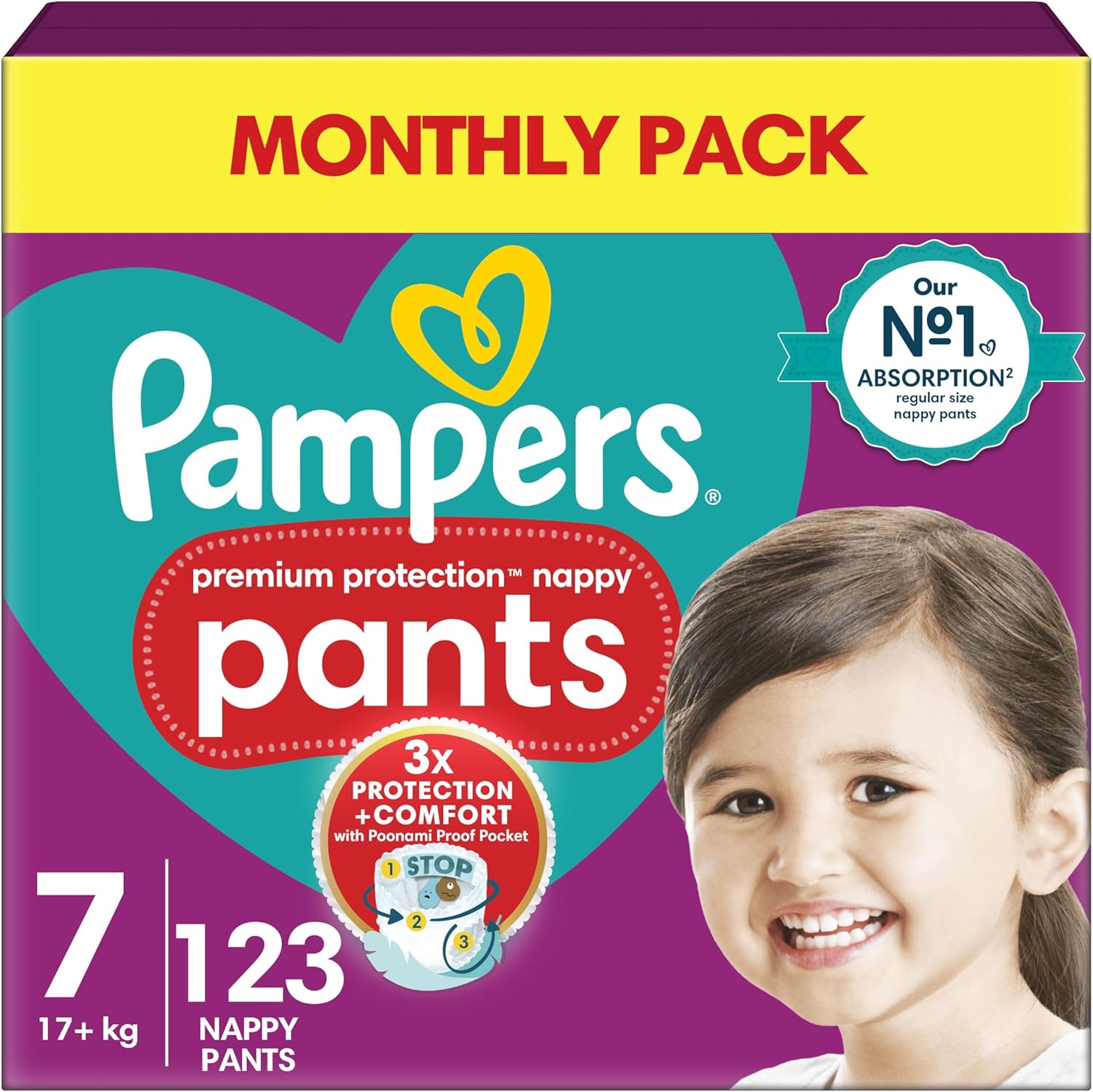 Pampers Premium Protection Nappy Pants Size 7, 123 Nappies, 15kg+, Monthly Pack, With 360° Fit and Ultra-Soft Materials for Our Best Comfort & Protection