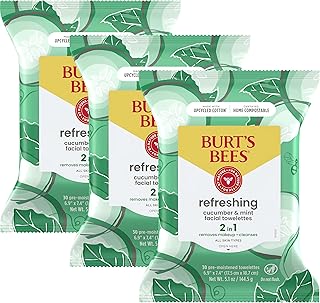 Burt's Bees Cucumber & Mint Face Wipes, for All Skin Types, Refreshing Makeup Remover & Facial Cleansing Towelettes, 30 Ct. (3-Pack)