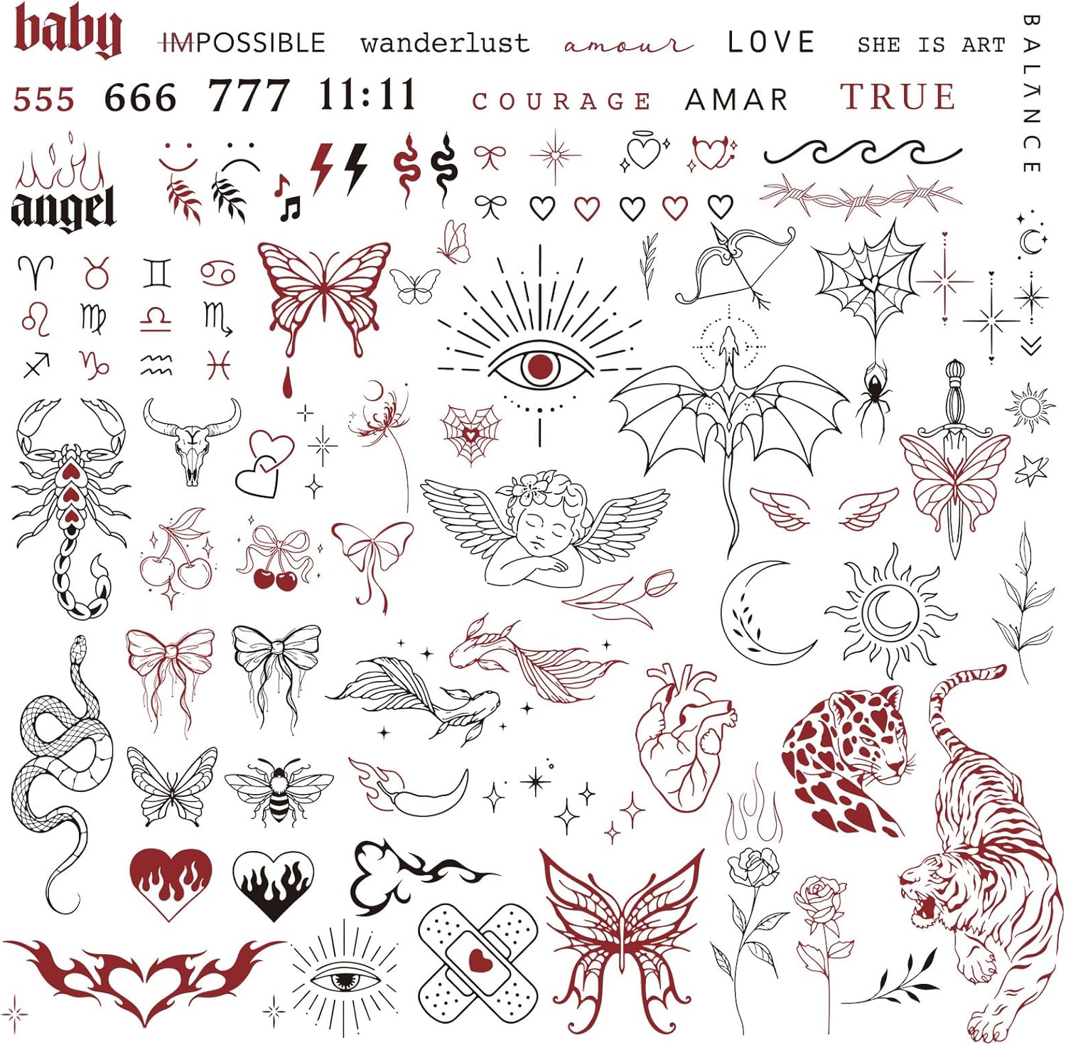 3 Sheets Black Cool Temporary Tattoos Waterproof Transfer Fake Tattoos for Men Women Halloween Bachelorette Carnival Cosplay Costume Makeup Party