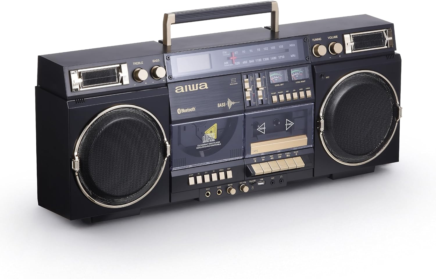 aiwa Retro Boombox BackTrack CD Player with Cassette Recording, Bluetooth 5.0, FM/AM Radio, USB/SD/AUX Inputs, VU Meters, LCD Display, Dual 40W Speakers (Black and Gold)