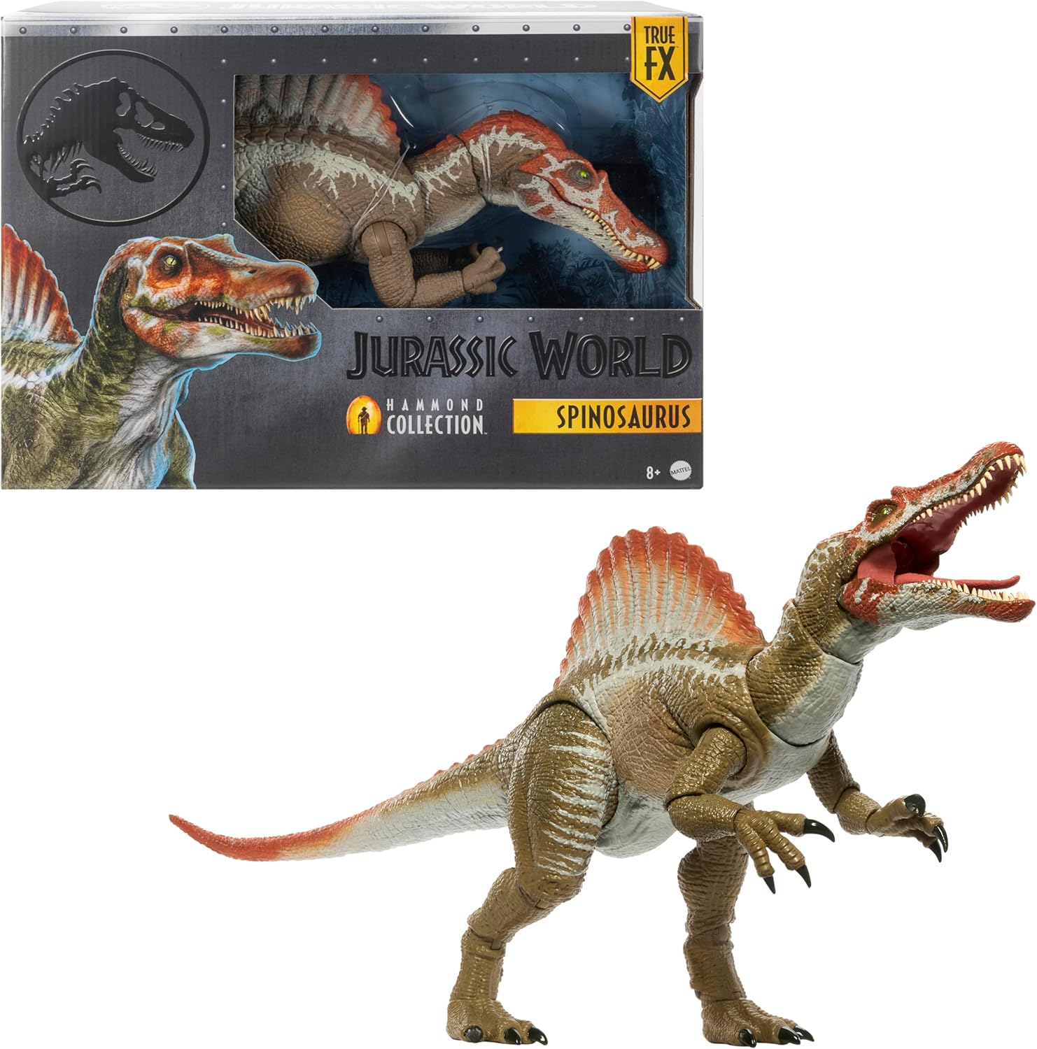 Mattel Jurassic World Hammond Collection Action Figure, Jurassic Park 3 Spinosaurus, Extra Large Carnivore Dinosaur Toy, Posable Tongue & Wired Tail, JCH09, Orange - Espinosaurio