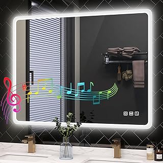 28"x36" LED-Bathroom-Mirror-with-Lights, Wall-Mounted with Bluetooth Speaker, Anti-Fog, 3 Color Temperature, Dimmable Brightness, Waterproof, Tempered Glass, Frontlit & Backlit