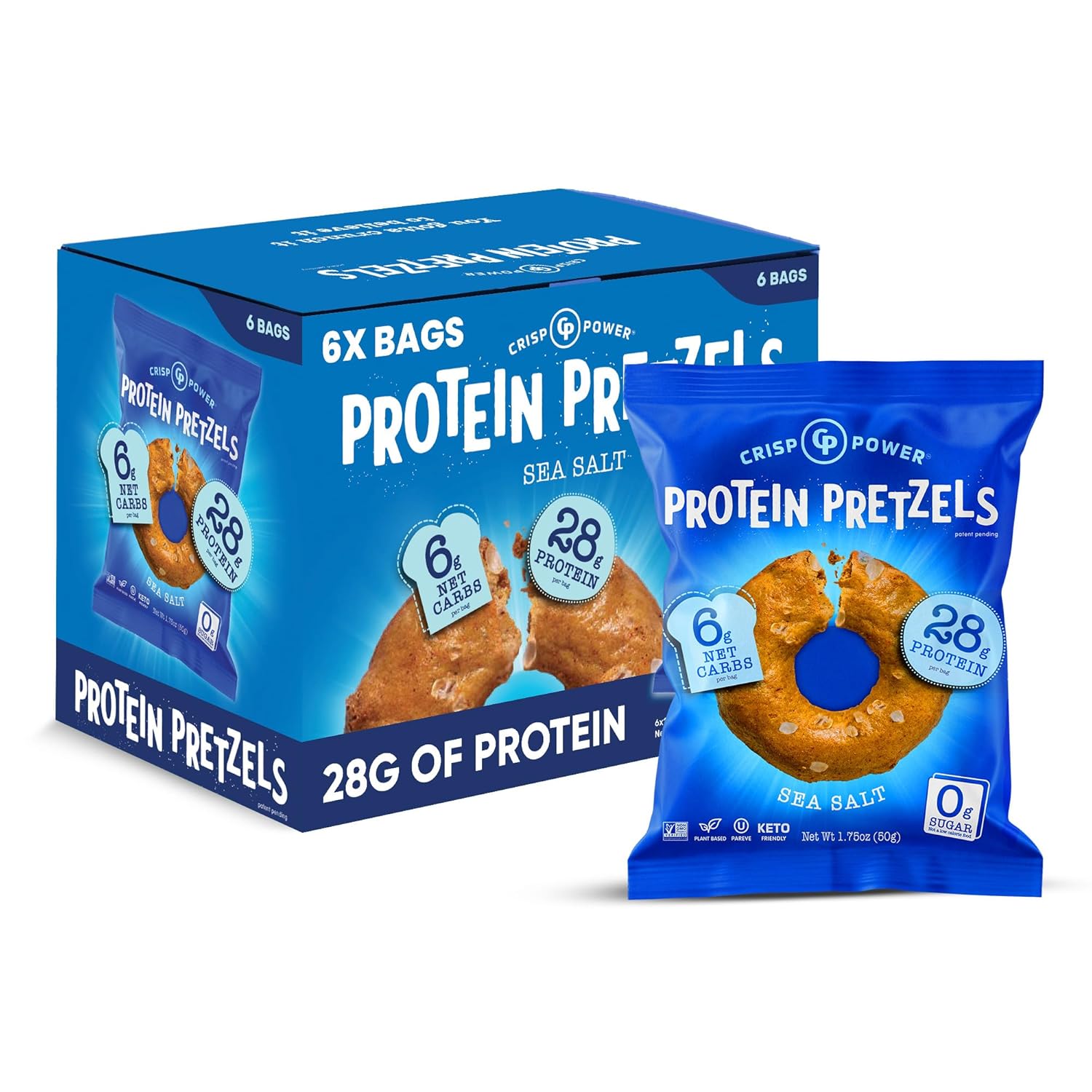 Crisp Power Protein Pretzels, Sea Salt, High Protein Vegan Keto Snack, 28 G Plant Based Protein, Low Carb Crunchy Pretzel Snacks, Sugar Free, No Seed Oils, 1.75 oz Bags, 6 Pack