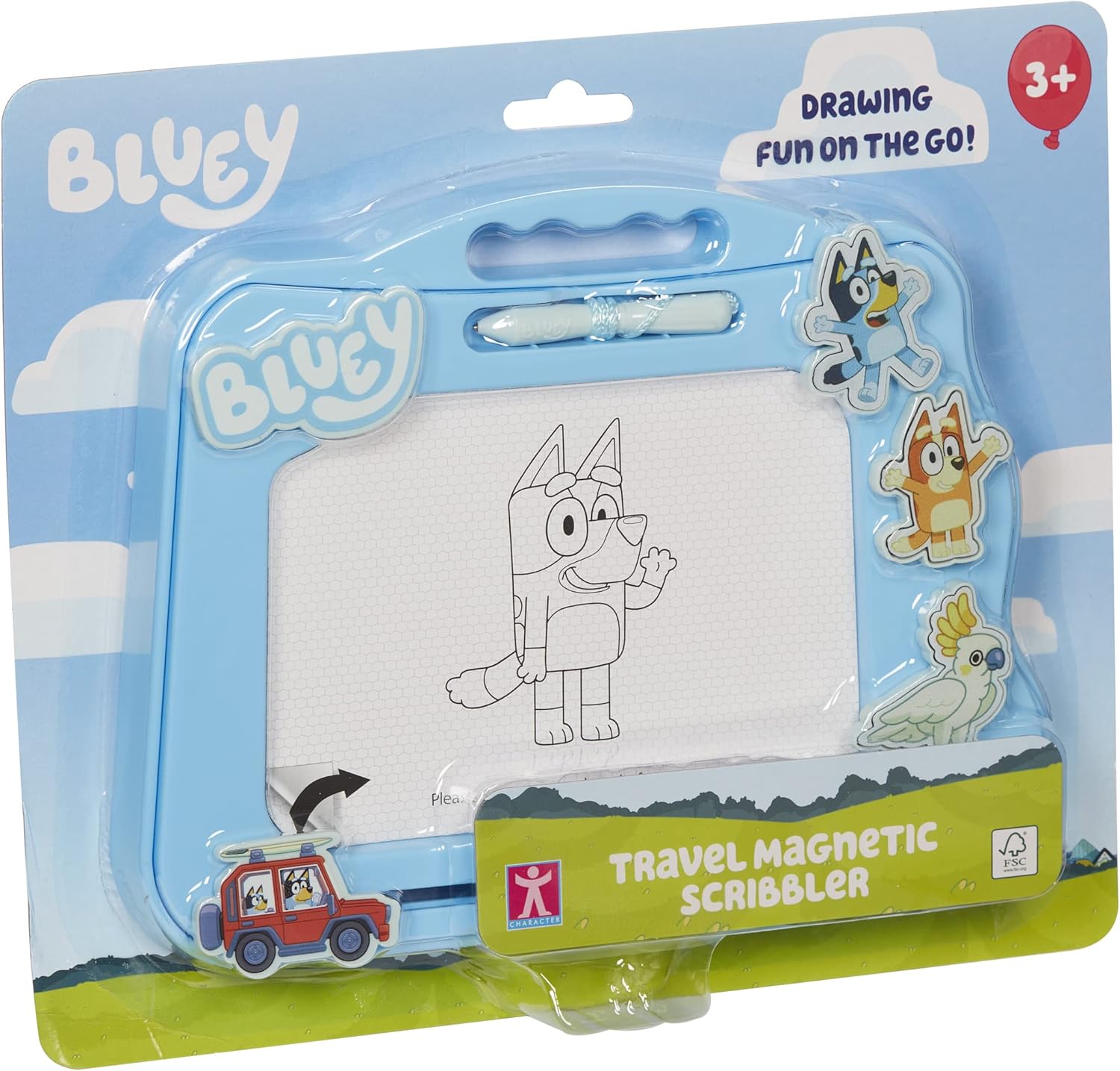 Bluey Travel Magnetic Scribbler pad with pen and 3 stamps, draw and erase with no mess, Blue