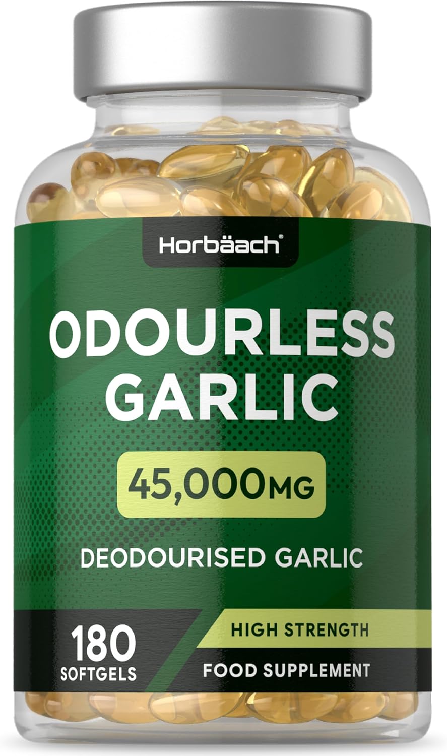 Odourless Garlic Capsules 45,000mg | 180 Count | High Strength Deodorised Garlic Oil Extract with Allicin | by Horbaach