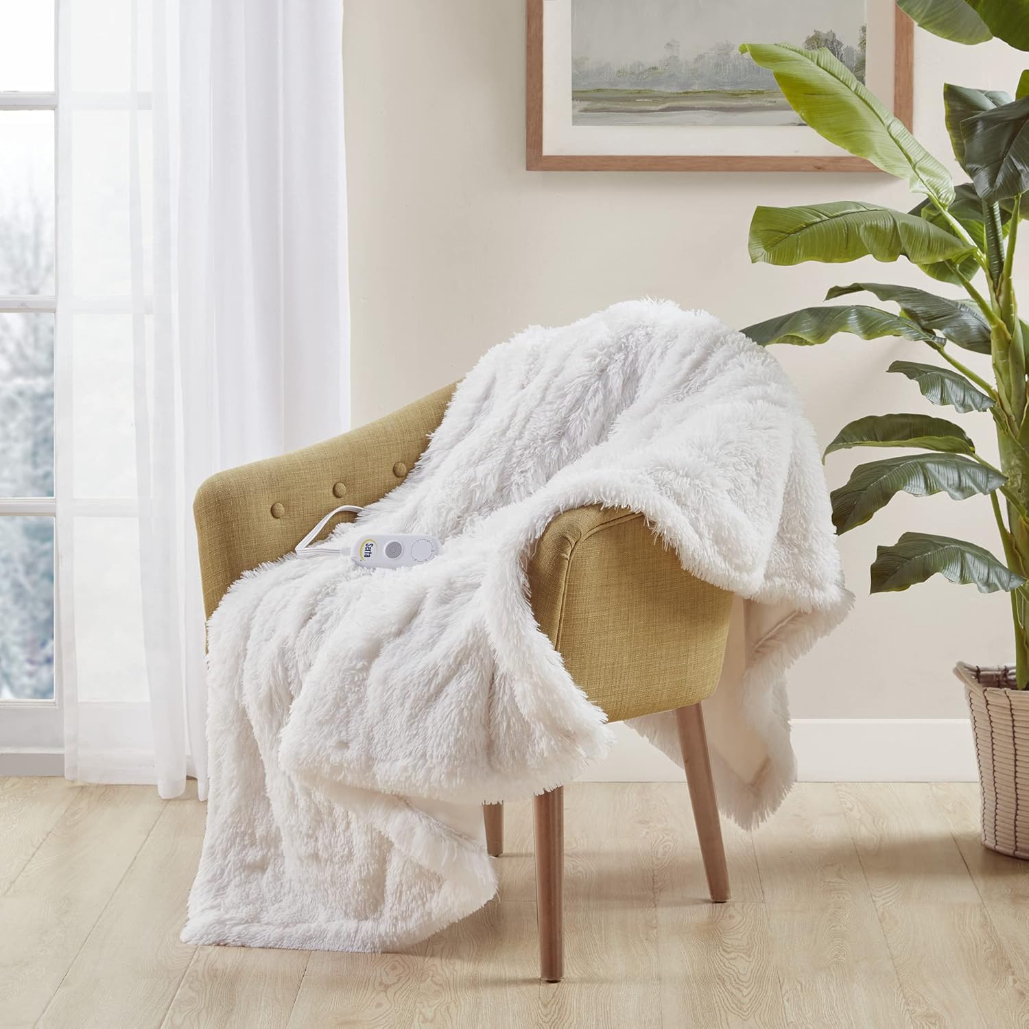 Serta Mila Shaggy Heated Throw Blanket - Soft Faux Fur Heated Blanket, Fast Heating, Auto Shut Off Timer, Low EMF, 5 Heat Setting, ETL Certified, Machine Washable Electric Blanket, Champagne 50"x60"