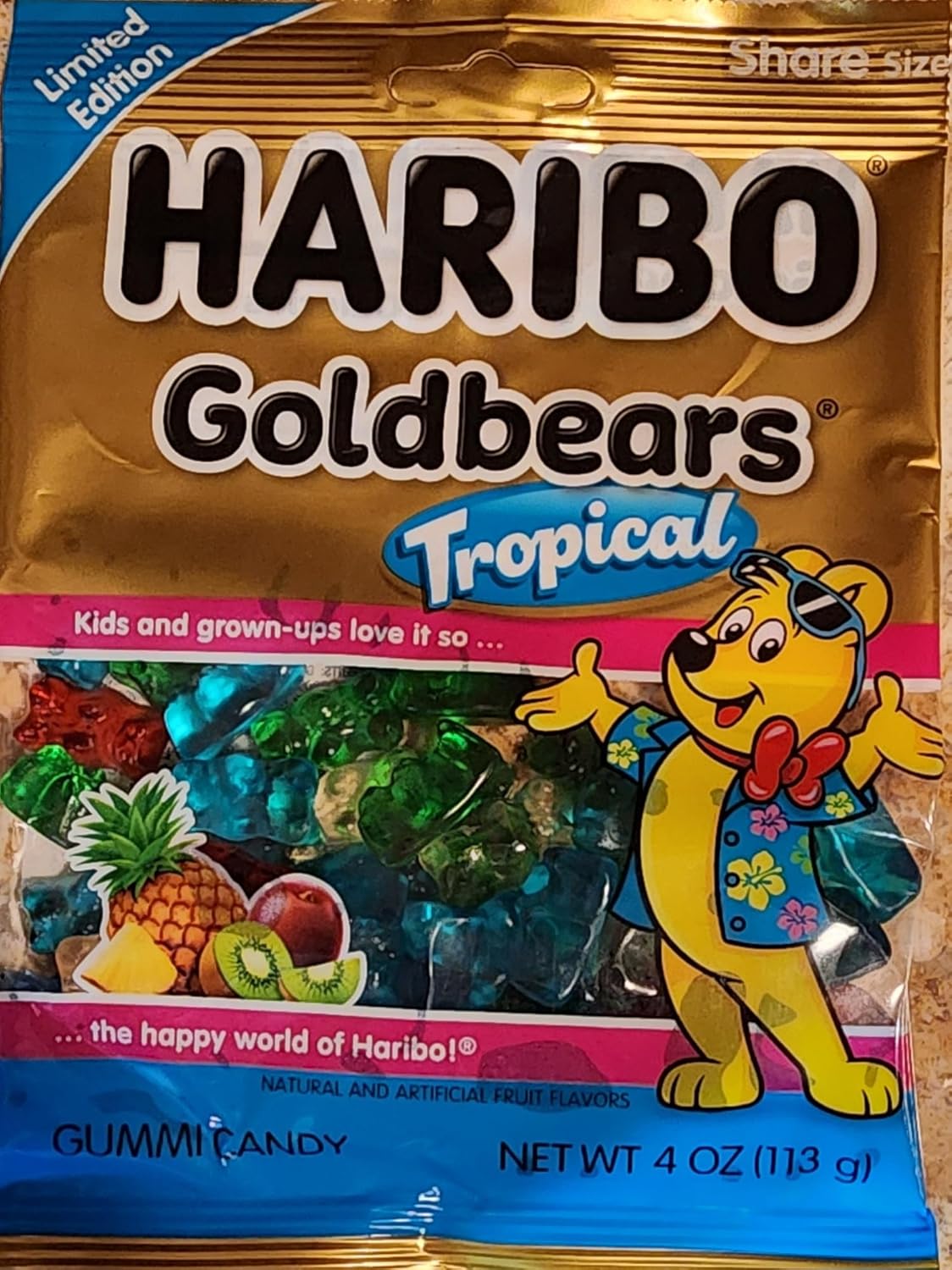 New Limited Edition Haribo Goldbears Gummi Bears Tropical Flavors: Pineapple, Kiwi, Passion Fruit, Paradise Punch. 4oz Share Size