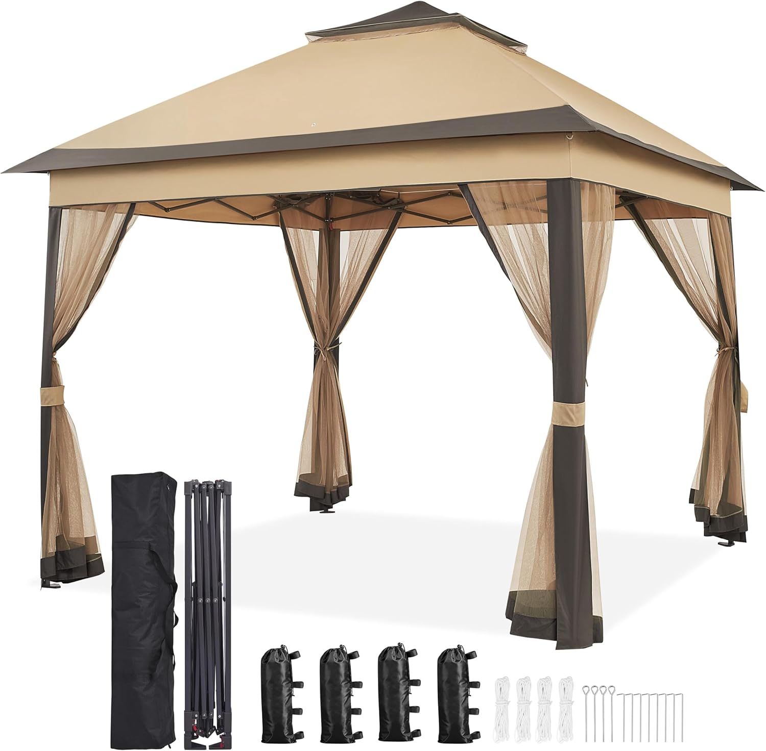 Yaheetech 11x11 Pop Up Gazebo Outdoor Canopy Shelter, Instant Patio Gazebo Sun Shade Canopy Tent with 4 Sandbags, Double Tiers & Mesh Netting for Lawn, Garden, Backyard & Deck, Khaki