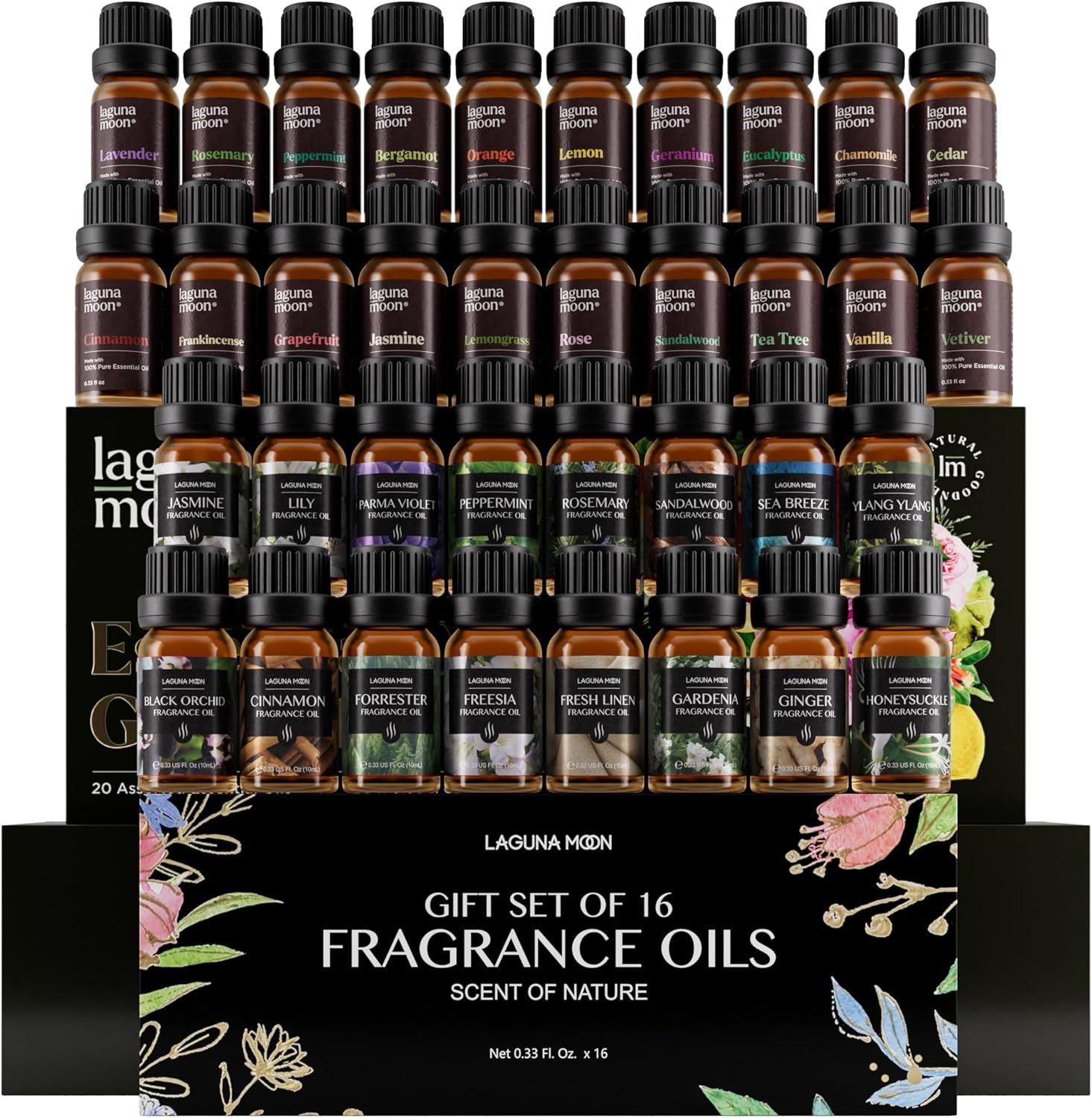 Top 20 Essential Oils Set (10ml) and 16 Pcs Fragrance Oil Collection for Aromatherapy, Massage, Candle Making, Soap Scents, Office, Skin & Hair Care