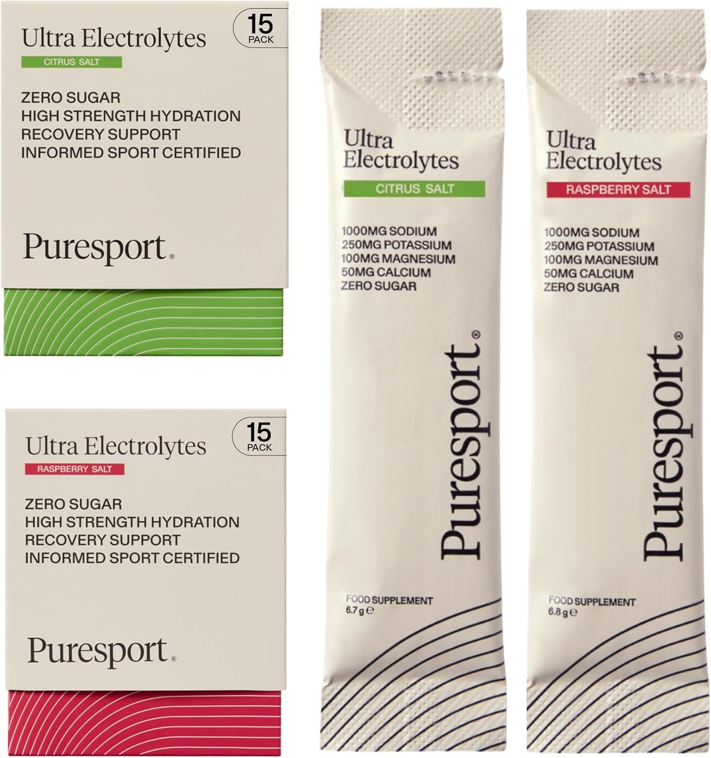 Puresport Ultra Electrolytes Hydration Discovery Pack (30 Pack) | Citrus & Raspberry Salt/15 Electrolyte Sachets of Each | Sugar Free Electrolytes Powder | Optimises Hydration/Supports Muscles