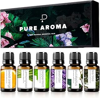 Essential Oils Set by Pure Aroma - Top 6 Aromatherapy Oils Gift Set-6 Pack, 10ml(Eucalyptus, Lavender, Lemongrass, Sweet Orange, Peppermint, Tea Tree)