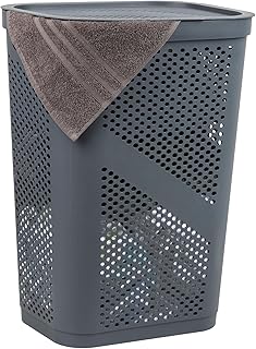 Mind Reader 60L Slim Laundry Hamper, Clothes Basket, Lid, Ventilated, Plastic, 17.25"L x 13.75"W x 23.5"H, Gray