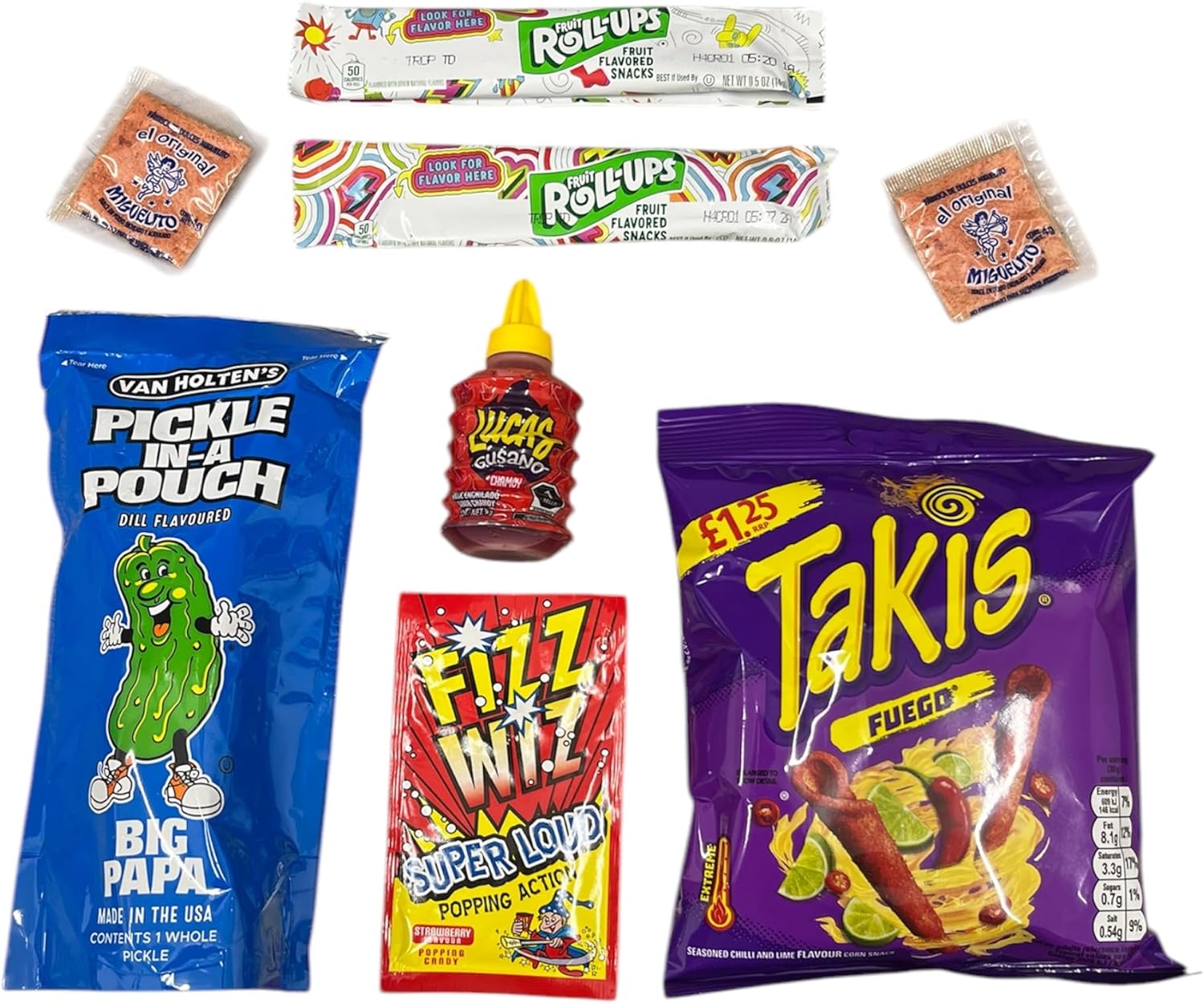 Van Holten's Chamoy Pickle Kit Challange including 2x Fruit Roll Ups, Chamoy Sauce, Takis and Tajin