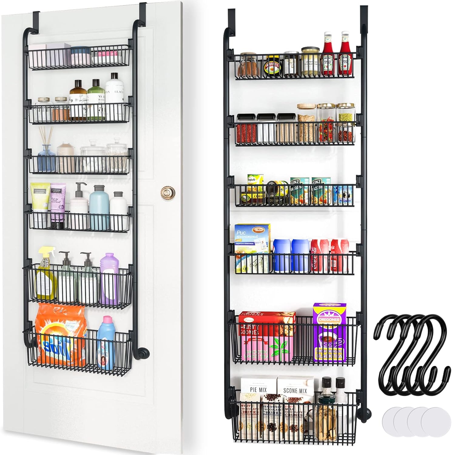 Over Wood Door Pantry Storage Kitchen 6-Tier Door Hanging Storage Metal Pantry Back of Door Storage And Organization Over Door Kitchen Storage Spice Can Rack Organizer With Suction Cups