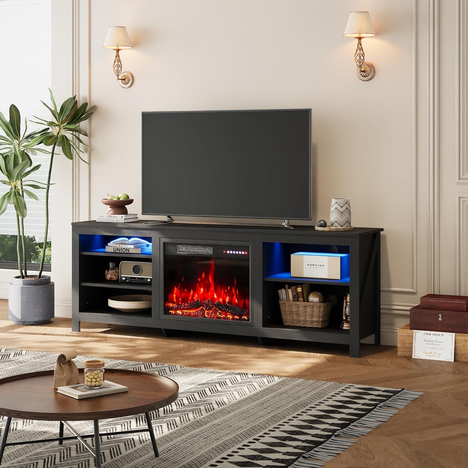 INMOZATA Electric Fire Insert TV Stand, Black Entertainment Center Console Table with 23'' Fireplace, 12 Colors Flame Effect and LED Frame Light Strip, 5 Levels Flame Burning Speed, for 78" TV