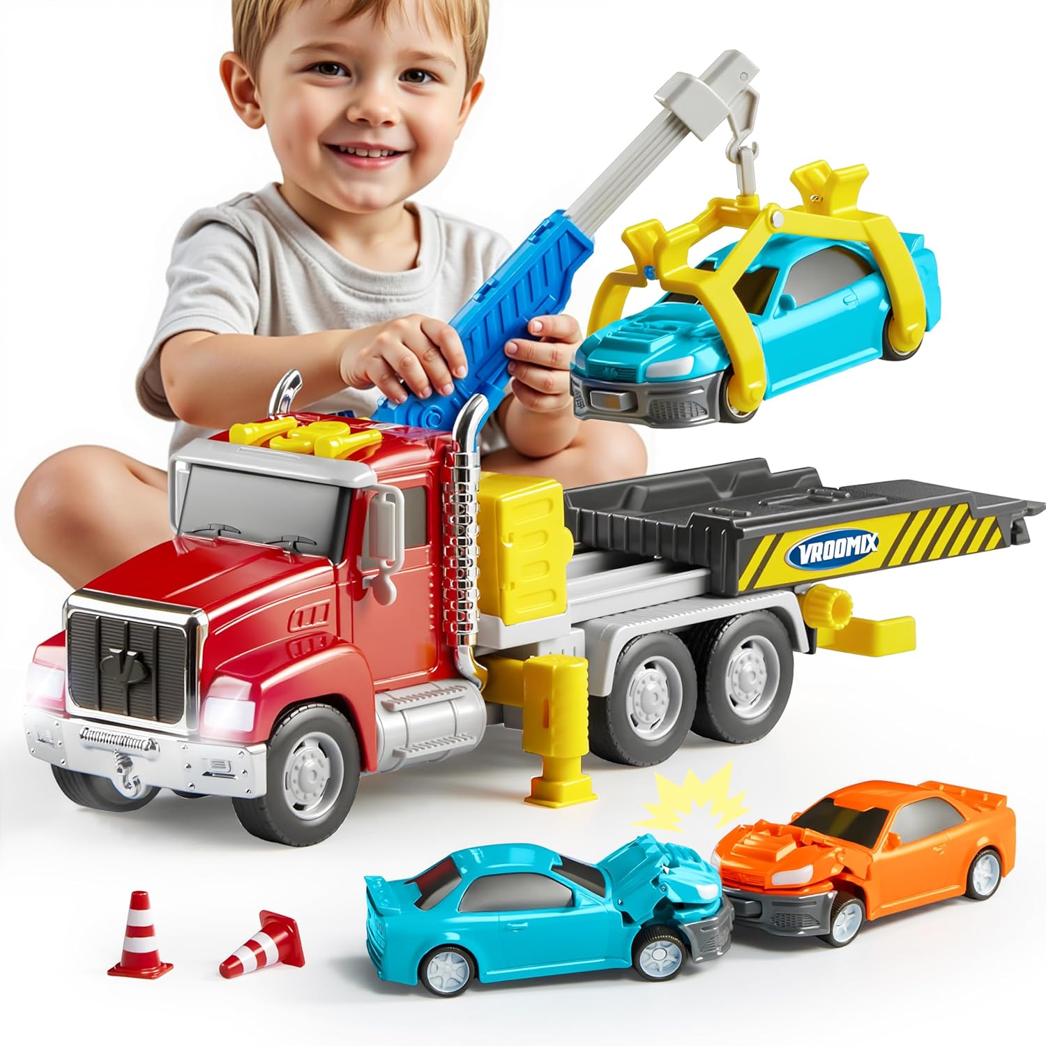 Kids Tow Truck Toys for 3 4 5 6 7 Years Old Boys, Toddler Car Toys, Large Truck with 2 Transformation Cars and Multi-Functional Trailer, Crane with Lights and Sounds, Birthday Gifts