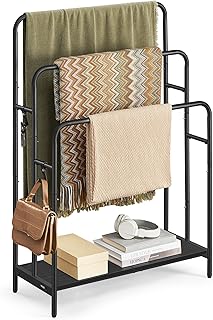 VASAGLE Freestanding Towel Rack, 3-Tier Blanket Holder with Storage Shelf, 27.6 x 11.8 x 39.4 Inches, Blanket Rack, 2 Hooks, for Blankets, Bath Towels, Ink Black and Ebony Black ULLS019B01
