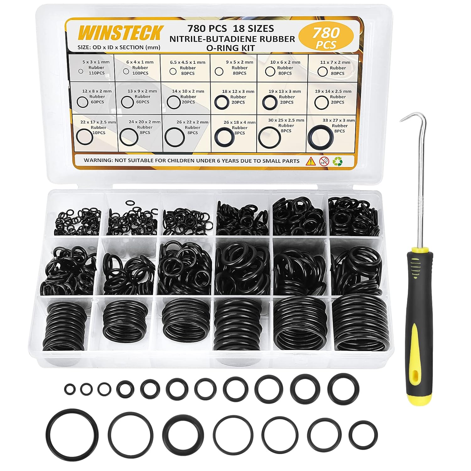 O Ring Assortment Kit, 780 PCS Nitrile Rubber O Ring Set with 180° Full Pick & Hook Tool, Universal Sizes for Hose, Faucet, Automotive, Air and Gas Sealing Repair