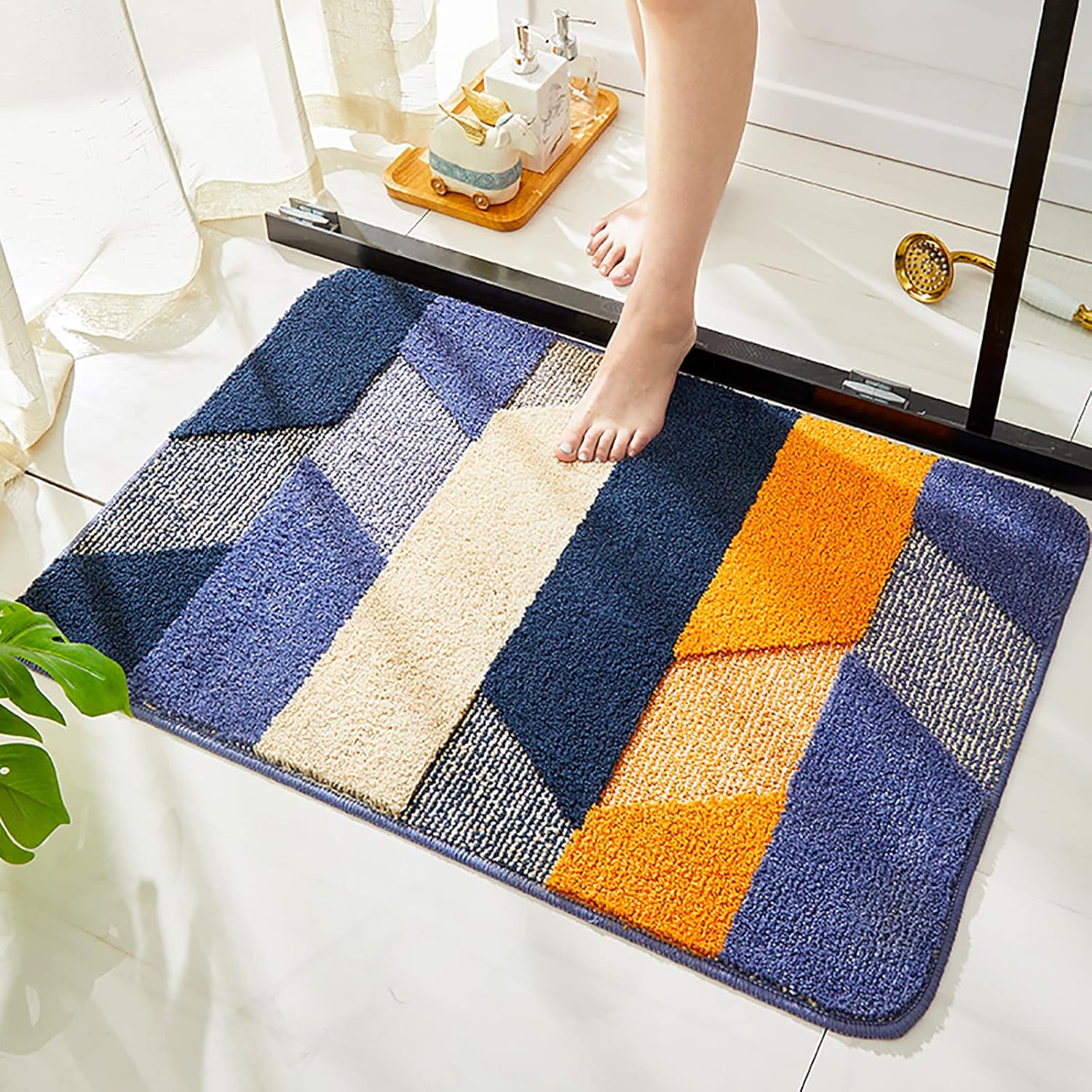 Absorbent Shag Bathroom Rug,Soft Comfy Microfiber Bath Rug Shaggy Quick Dry Shower Floor Mat,Non Slip Carpet Thick Bath Mat-E 60x90cm(24x35inch)